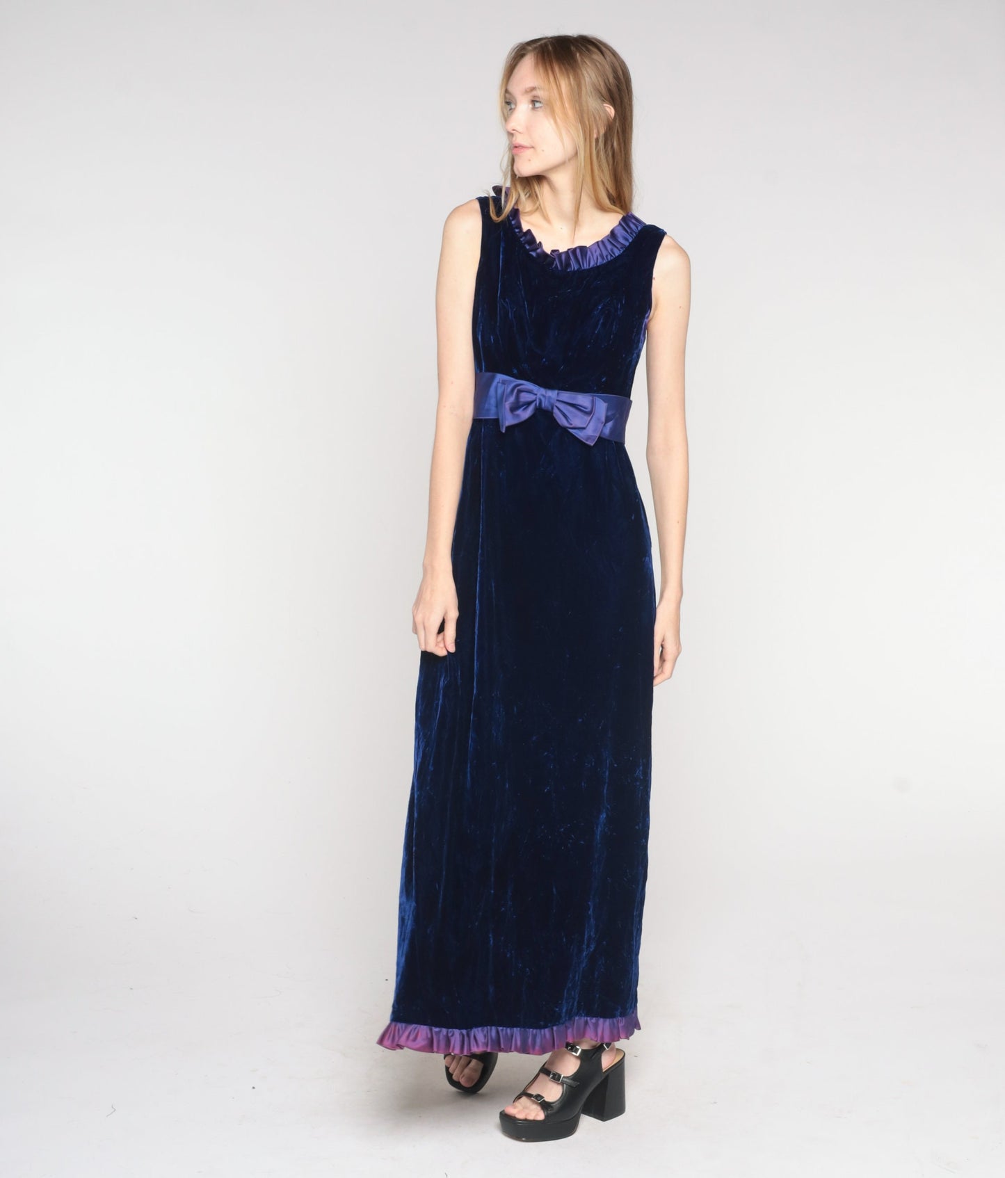70s Indigo Velvet Maxi Dress Empire Waist Bow Ruffled Neckline Small S