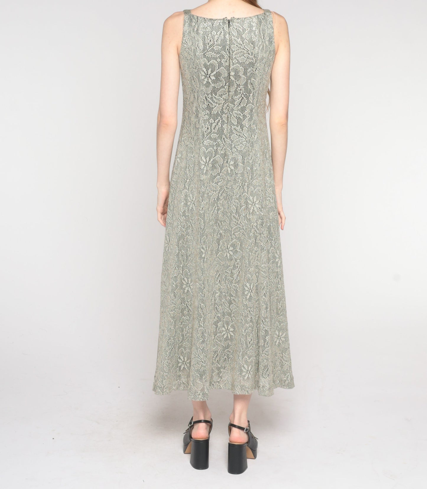 90s Metallic Floral Lace Maxi Dress Sleeveless Column Gown Small