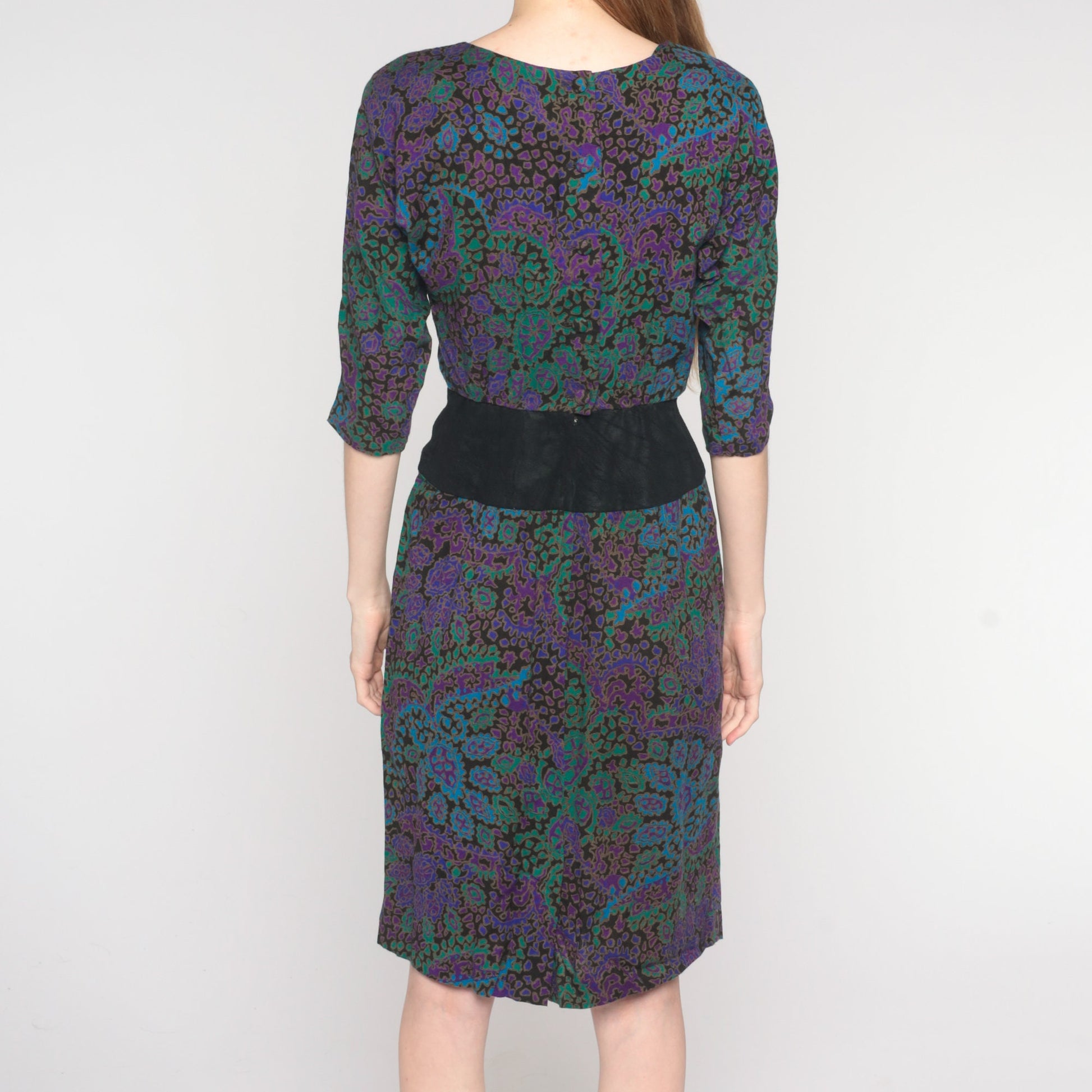 80s Paisley Shift Dress Black Purple Green Blue High Waist Knee Length Extra Small