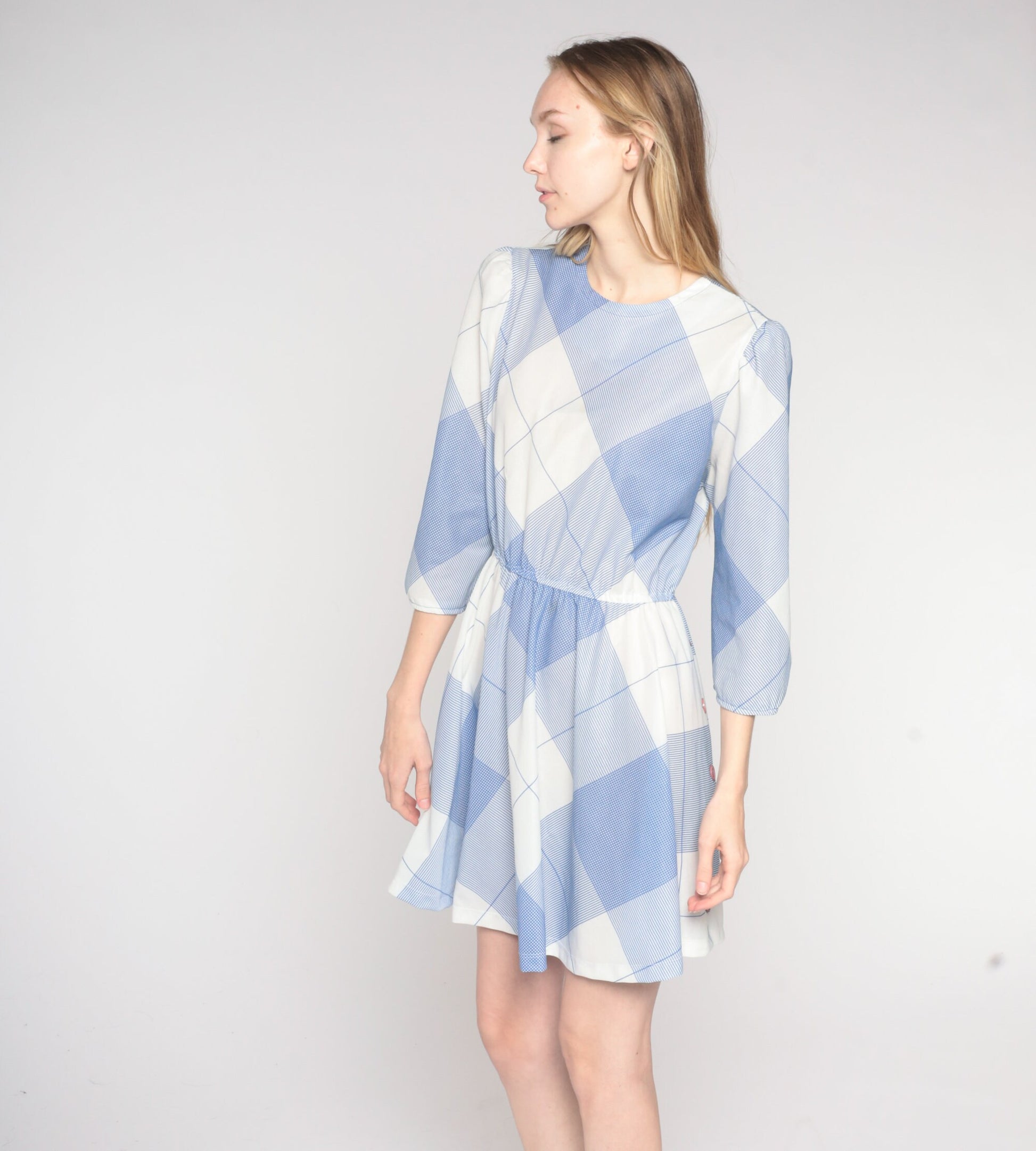 70s Blue White Checkered Mini Dress Puff Sleeve A-Line High Waist Medium Large