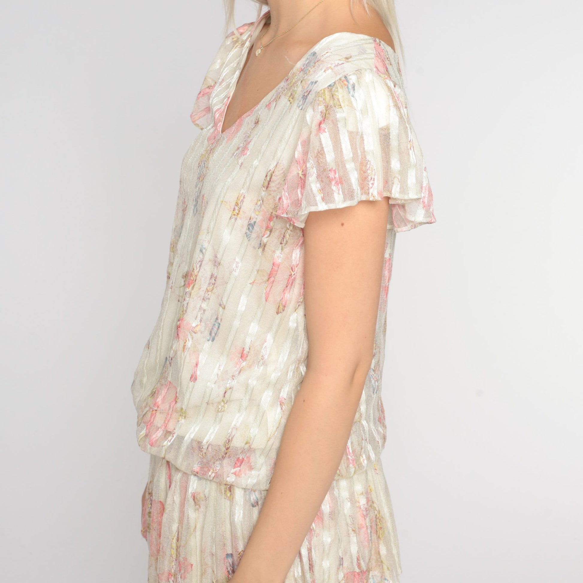 70s Floral Mini Dress Flutter Sleeve Off-White Striped Tiered Small