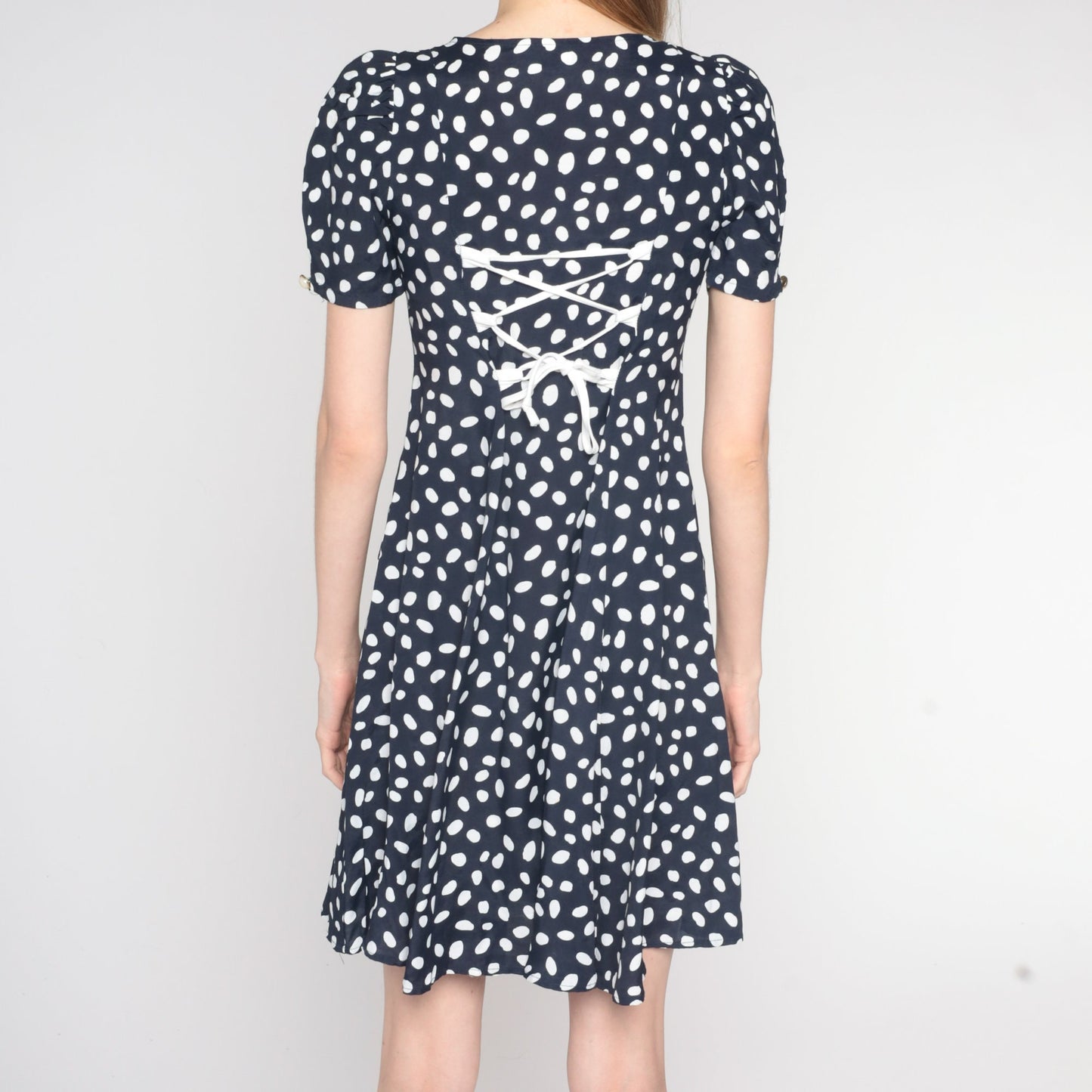 90s Navy Polka Dot Puff Sleeve Mini Dress Button Up Rayon Extra Small