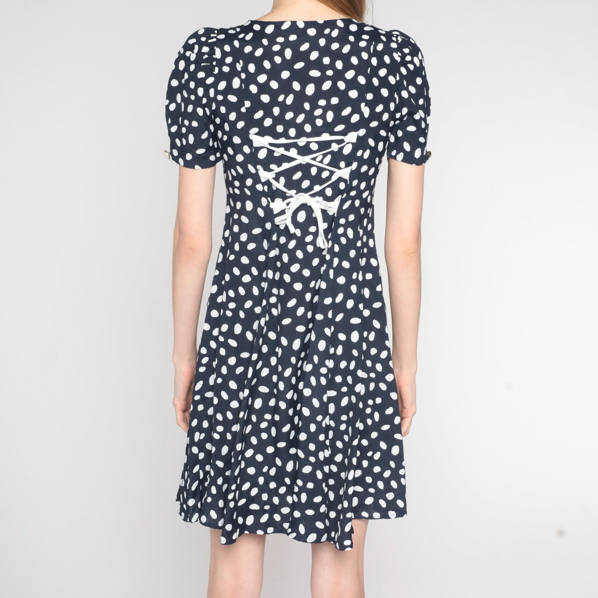 90s Navy Polka Dot Puff Sleeve Mini Dress Button Up Rayon Extra Small