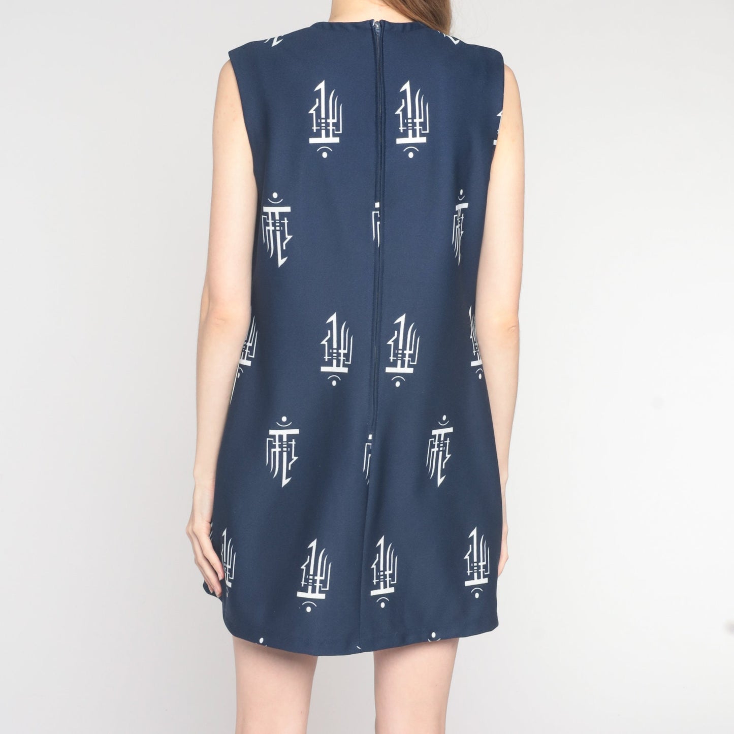 70s Navy Shift Dress Abstract Stamp Print Sleeveless Mini Medium M