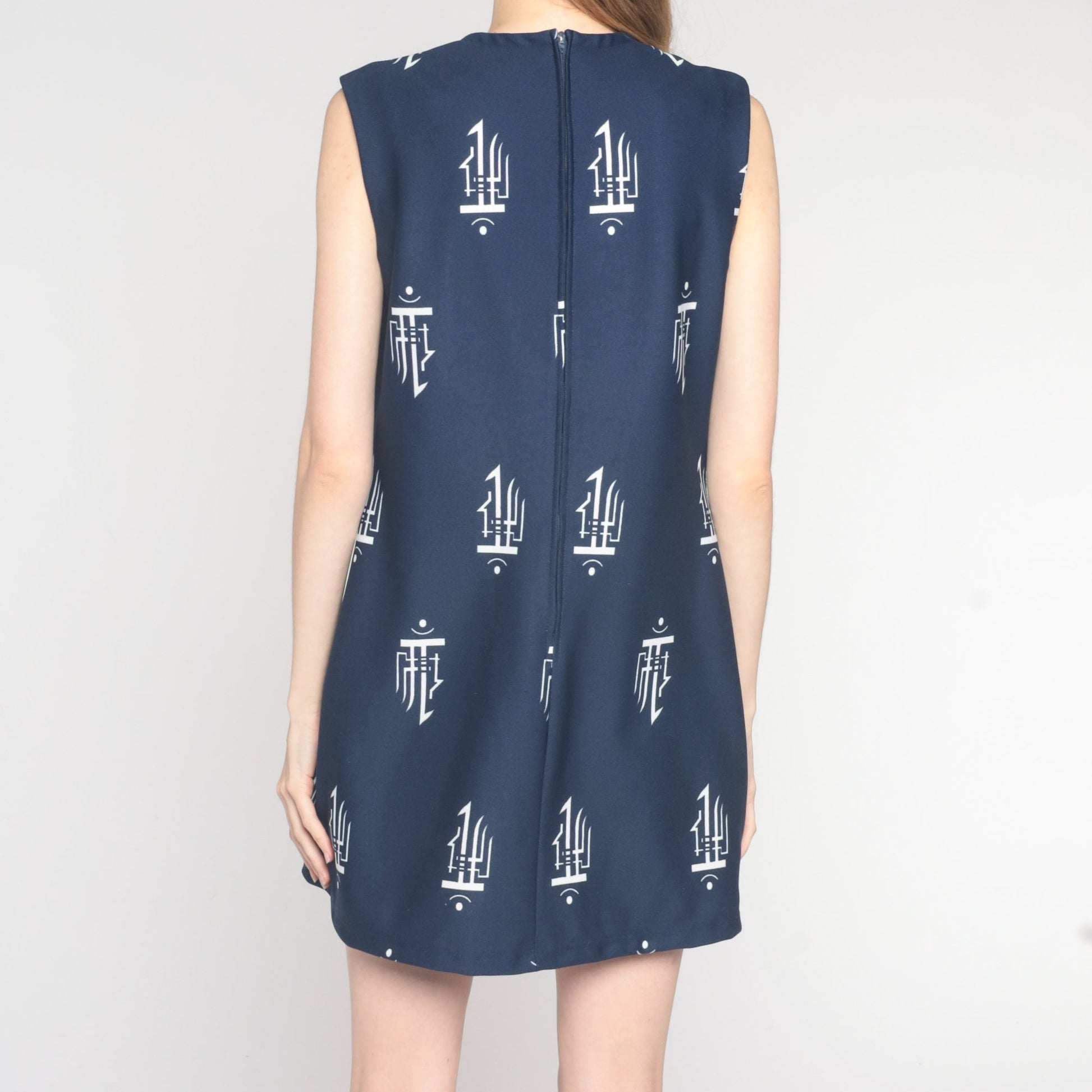 70s Navy Shift Dress Abstract Stamp Print Sleeveless Mini Medium M