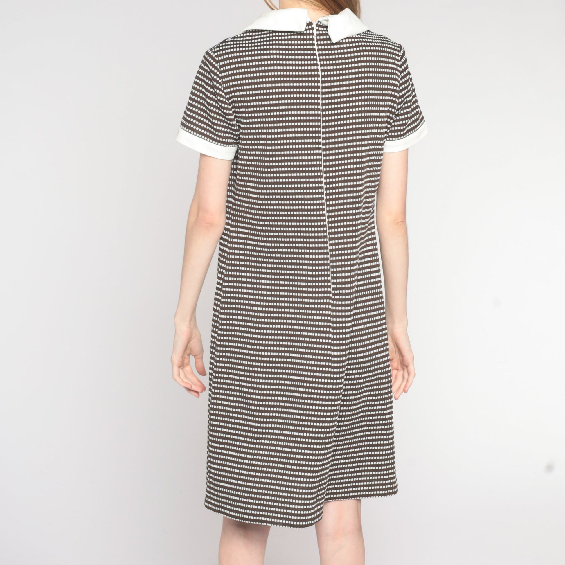 60s Shift Dress Mod Mini Brown White Striped Dot Print Collar Medium