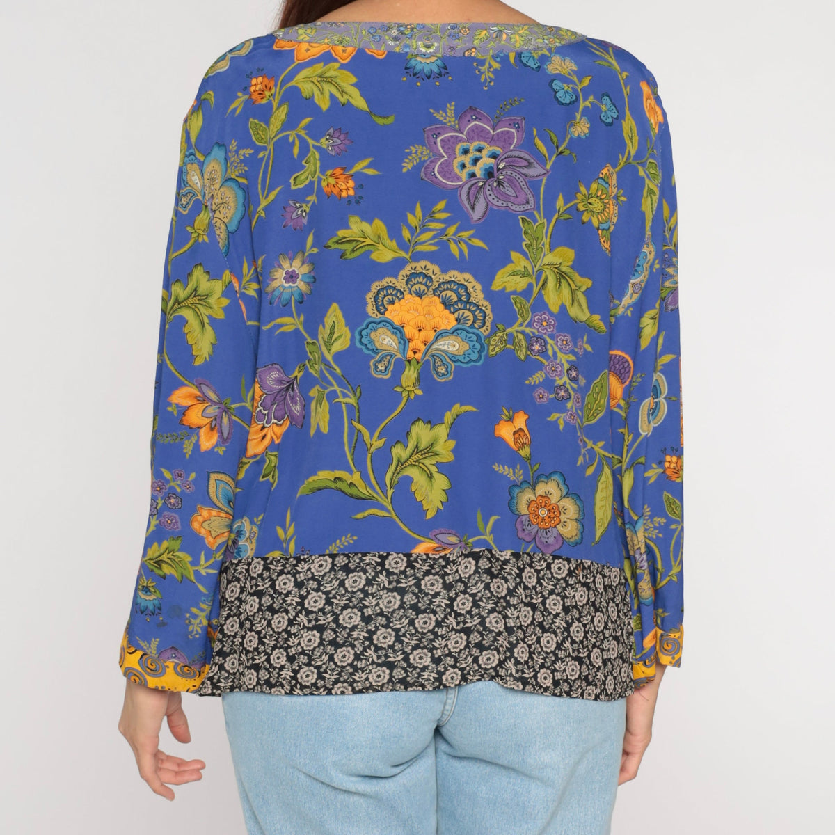 00s Blue Indian Floral Open-Front Jacket Long Sleeve Rayon Medium