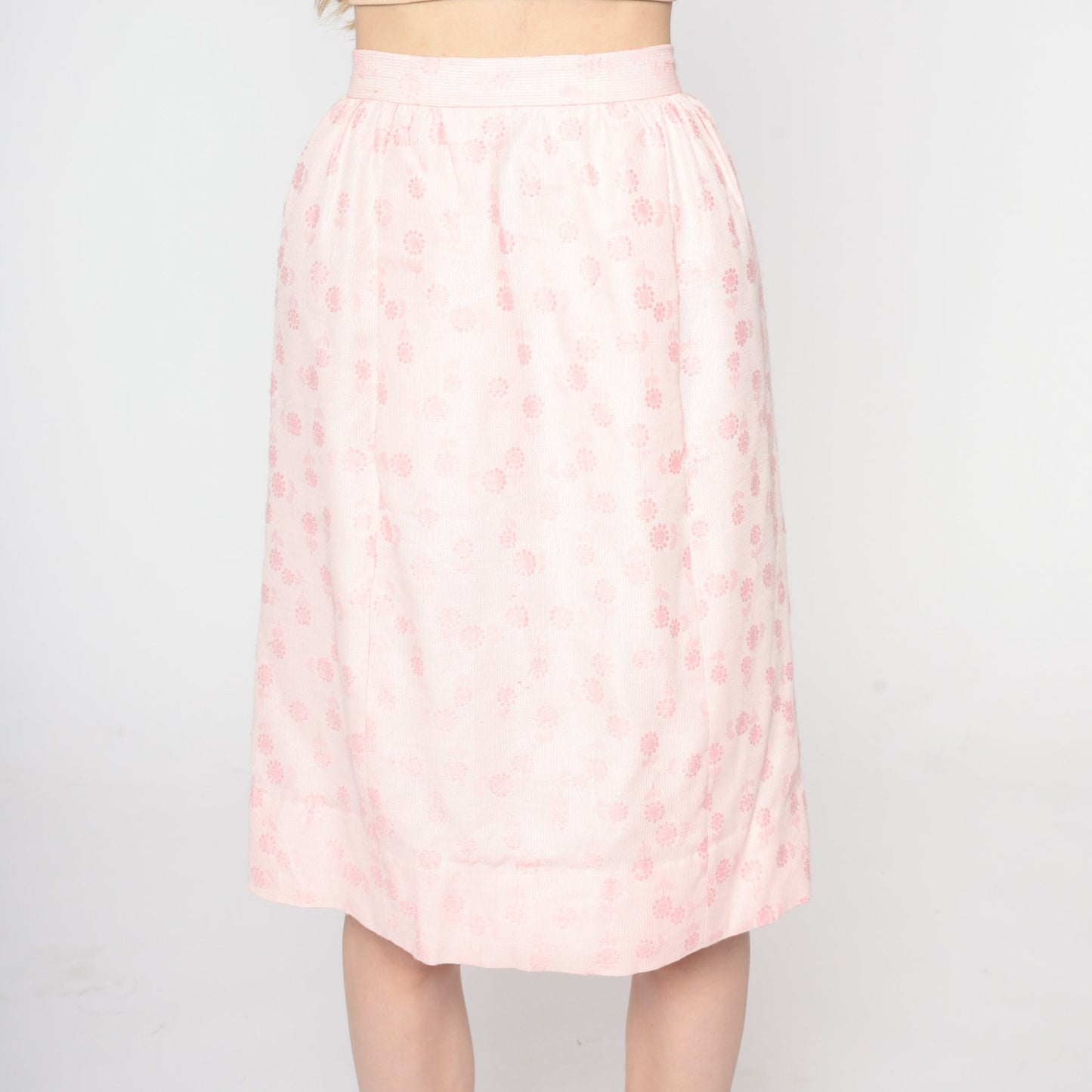 1960s Baby Pink Floral Knee-Length Skirt High Waist Pockets XXS