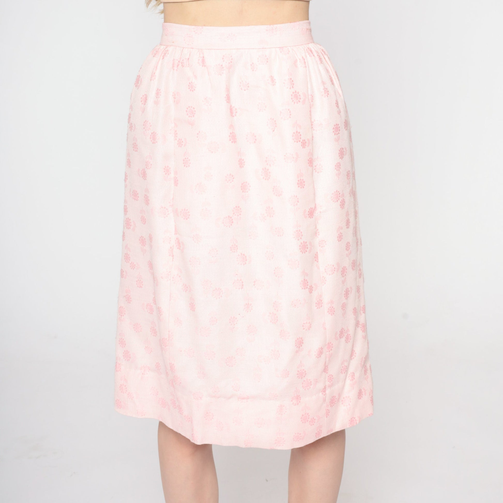 1960s Baby Pink Floral Knee-Length Skirt High Waist Pockets XXS