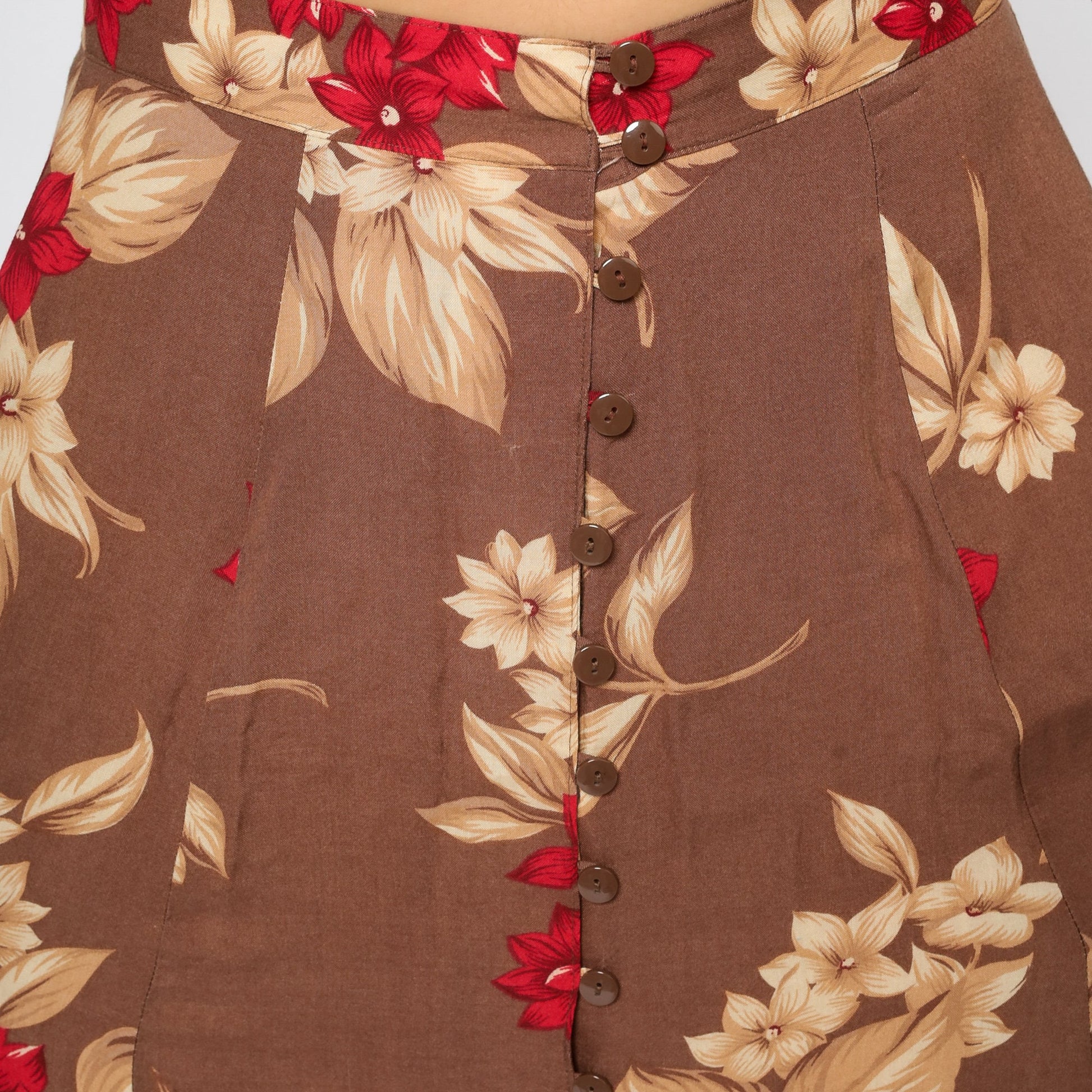 90s Brown Floral Button-Front Maxi Skirt Small Medium