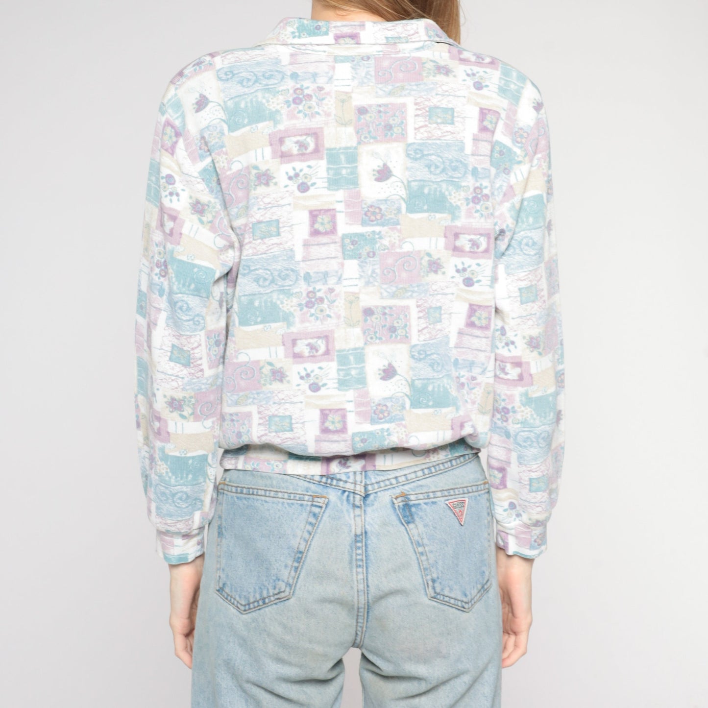 90s Floral Long Sleeve Collared Shirt Banded Hem Pastel Flower Print Medium