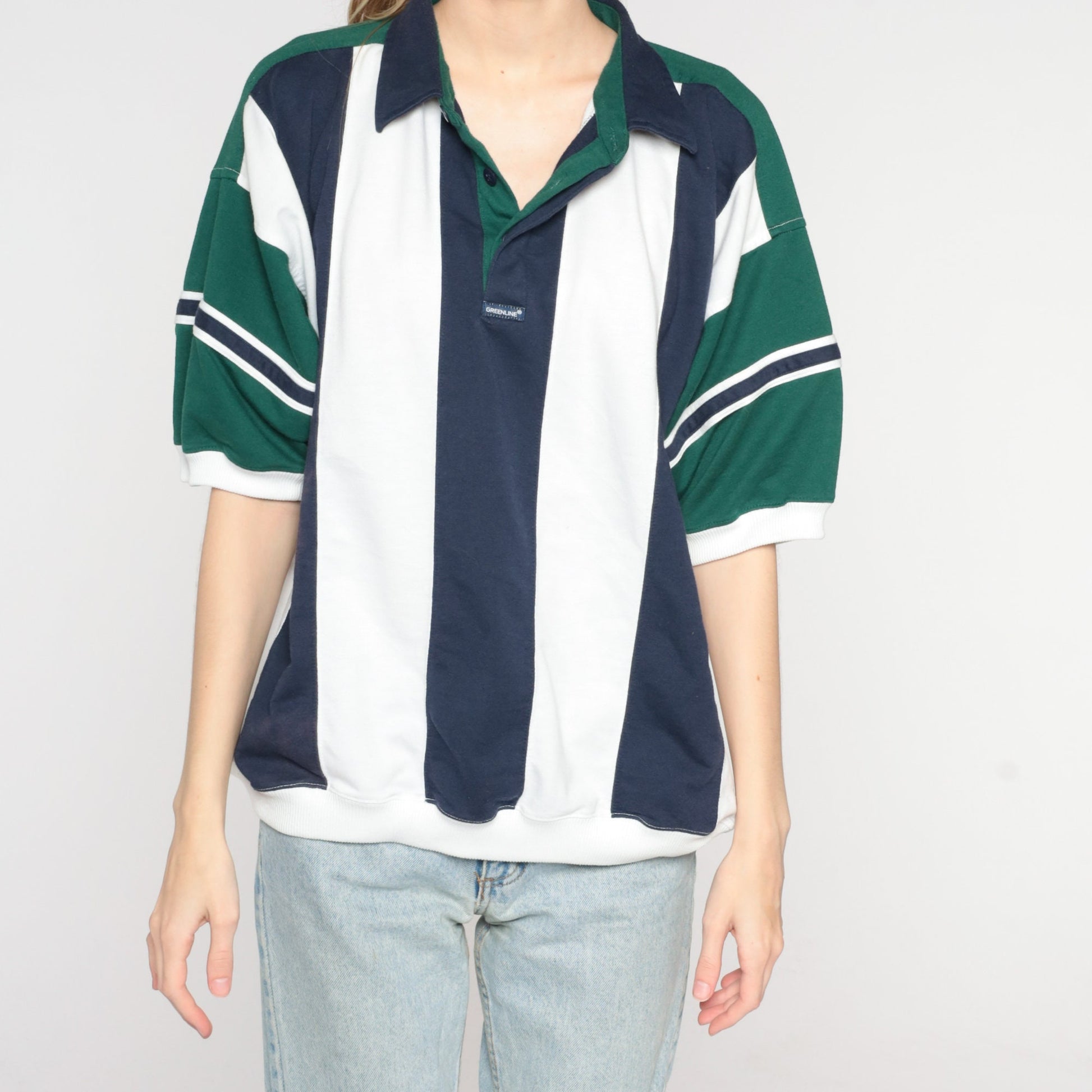 90s Striped Polo Shirt White Blue Green Banded Hem Men's Extra Large XL