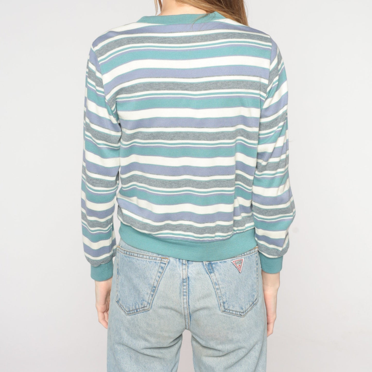 80s Striped Long Sleeve V-Neck Shirt White Blue Grey Small