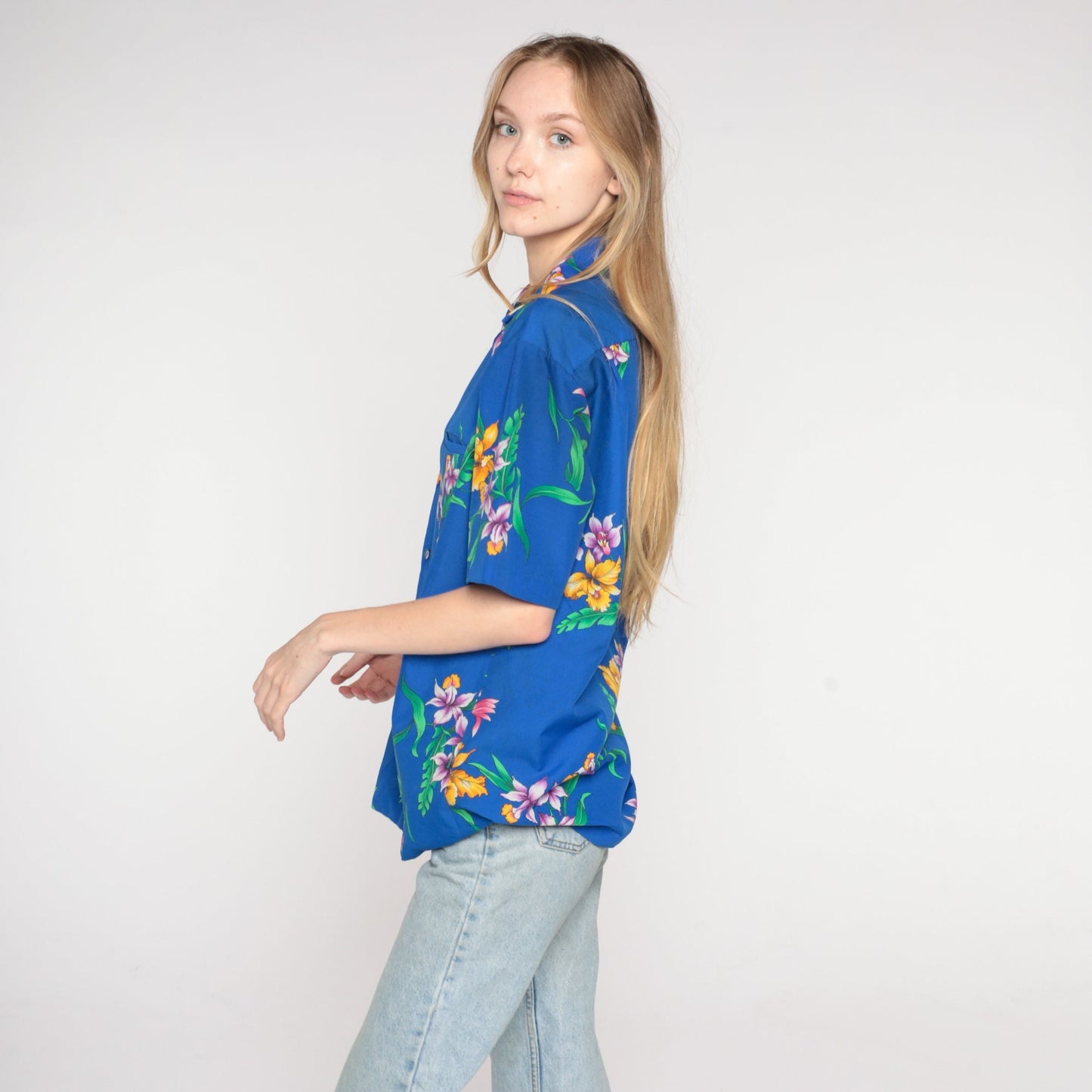 80s Blue Tropical Floral Hawaiian Shirt Button Up Short Sleeve Medium