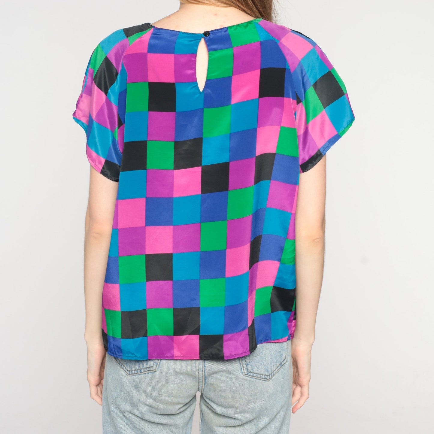 90s Colorful Checkerboard Short Sleeve Blouse Purple Pink Blue Medium M