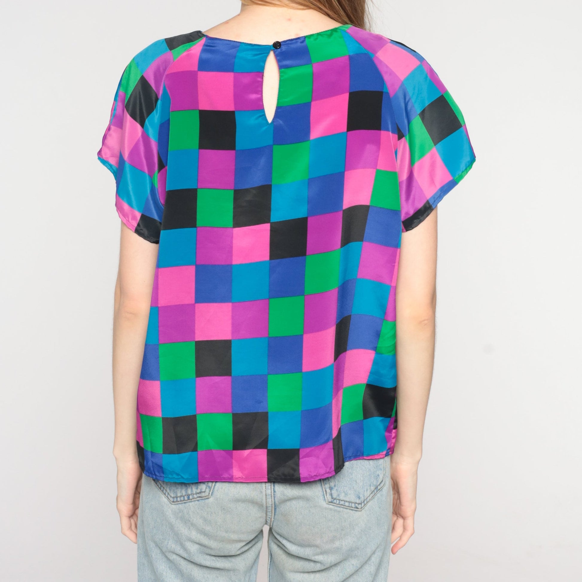 90s Colorful Checkerboard Short Sleeve Blouse Purple Pink Blue Medium M