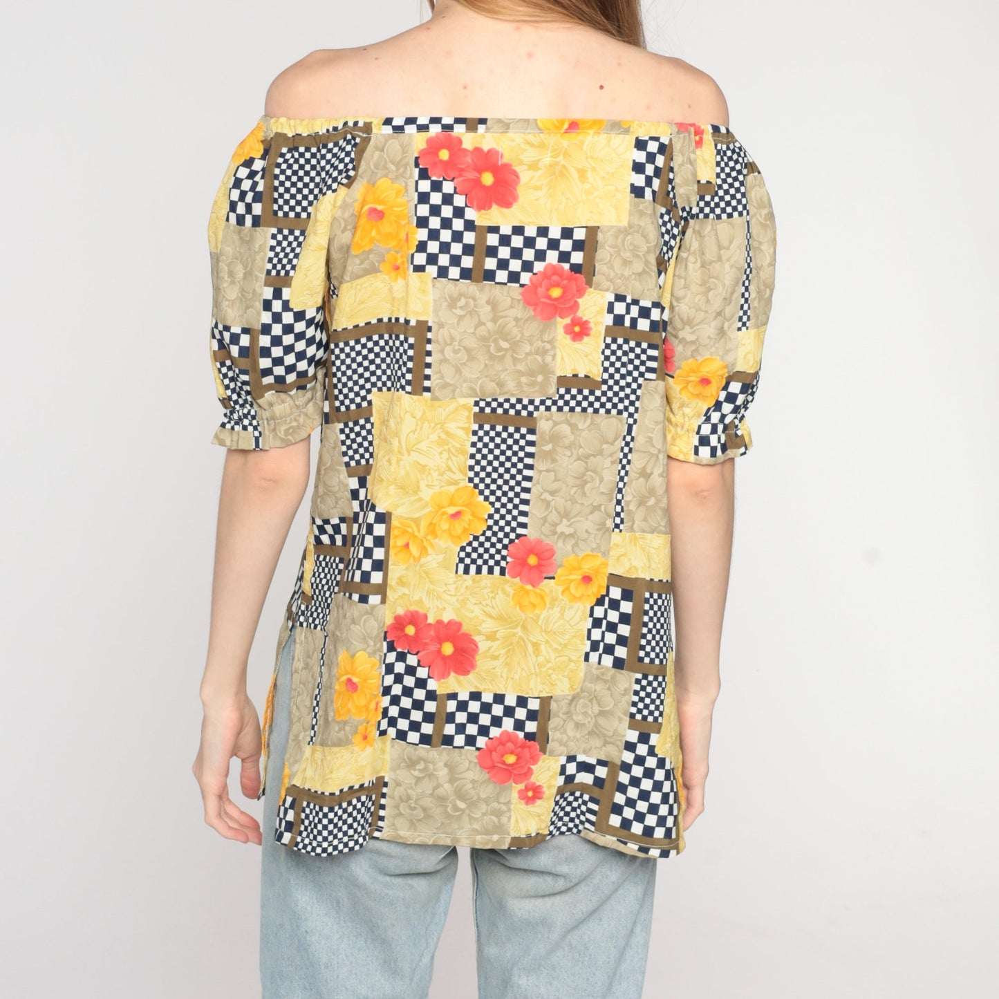 90s Floral Checkered Puff Sleeve Blouse Off-Shoulder Button-Front Yellow Medium