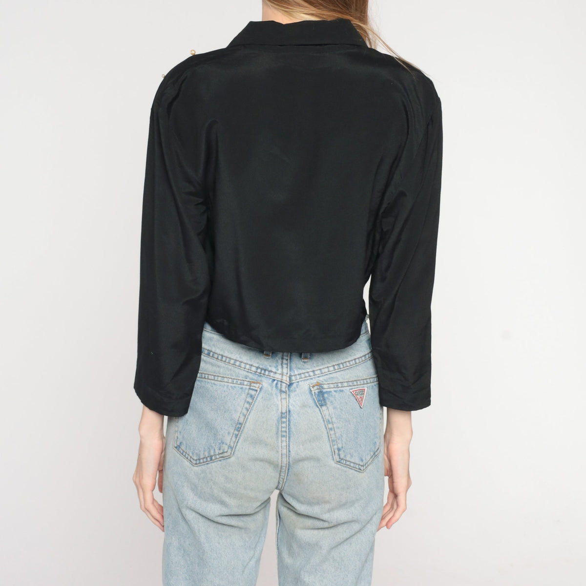 90s Black Cropped Blazer Pearl Beaded Single Button Jacket Medium
