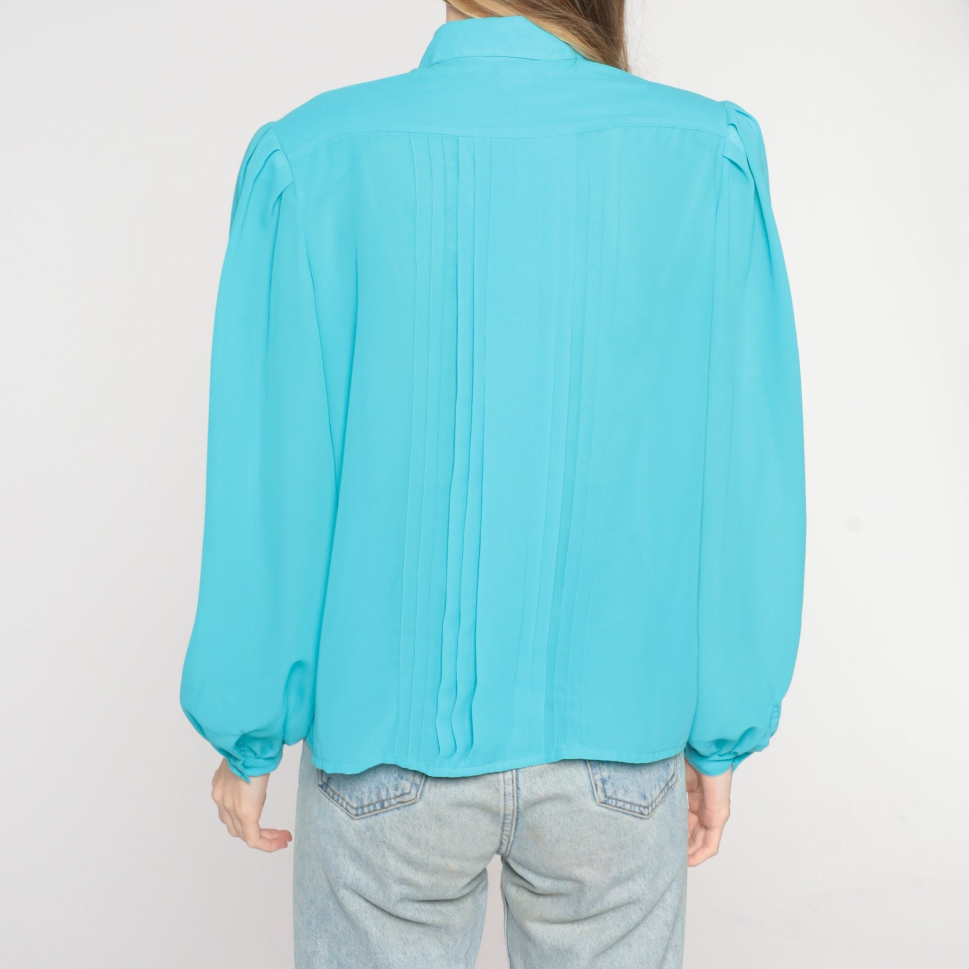 80s Blue Pleated Blouse Puff Sleeve Collared Button-Up Medium
