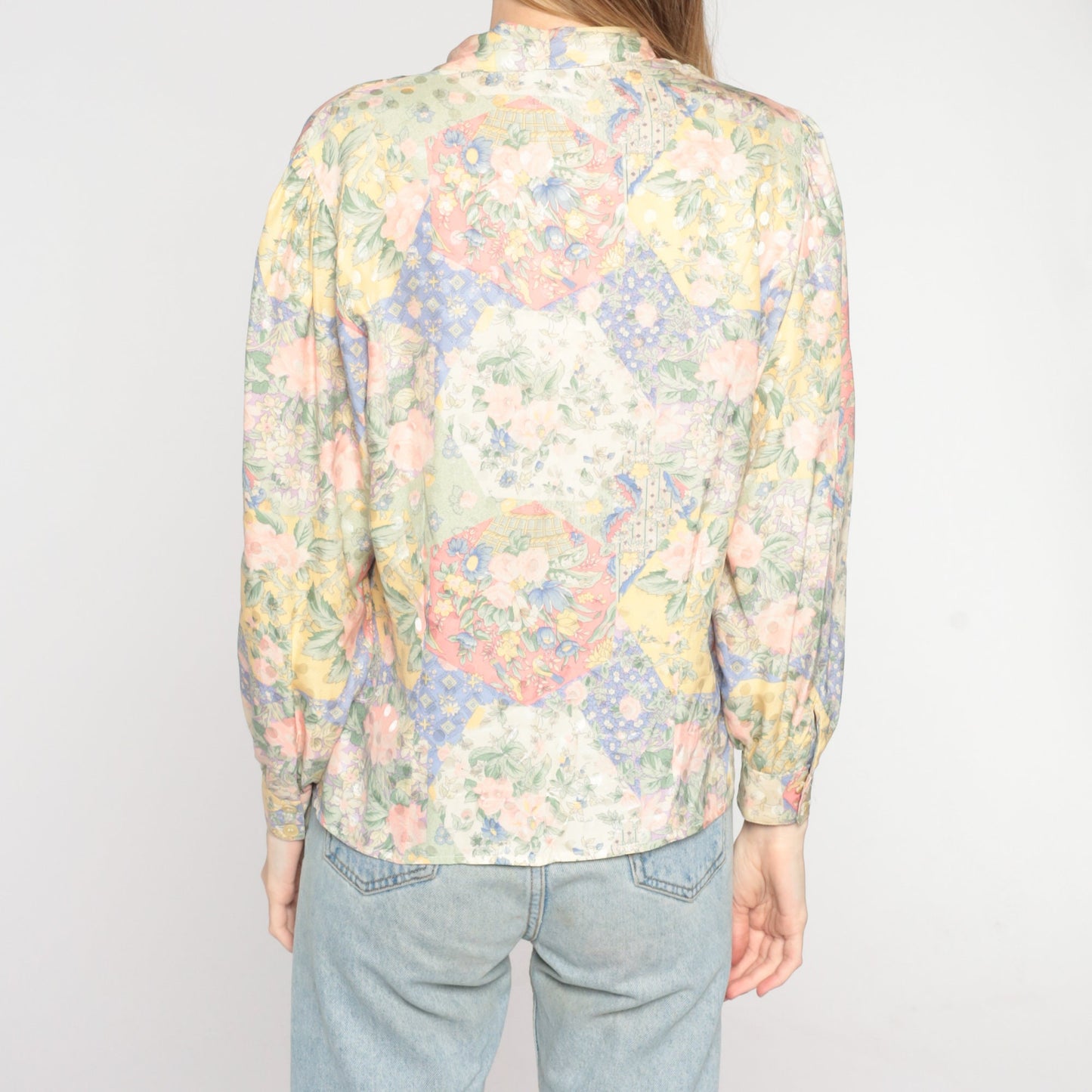 80s Floral Silk Wrap Blouse V-Neck Double Breasted Long Sleeve Small