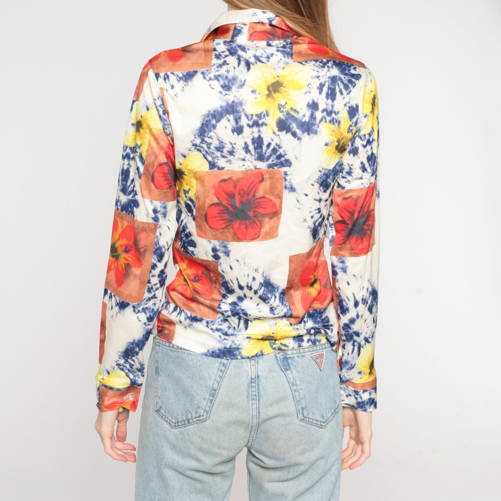 90s Tie Dye Floral Button Up Blouse White Psychedelic Print Collared Long Sleeve Small