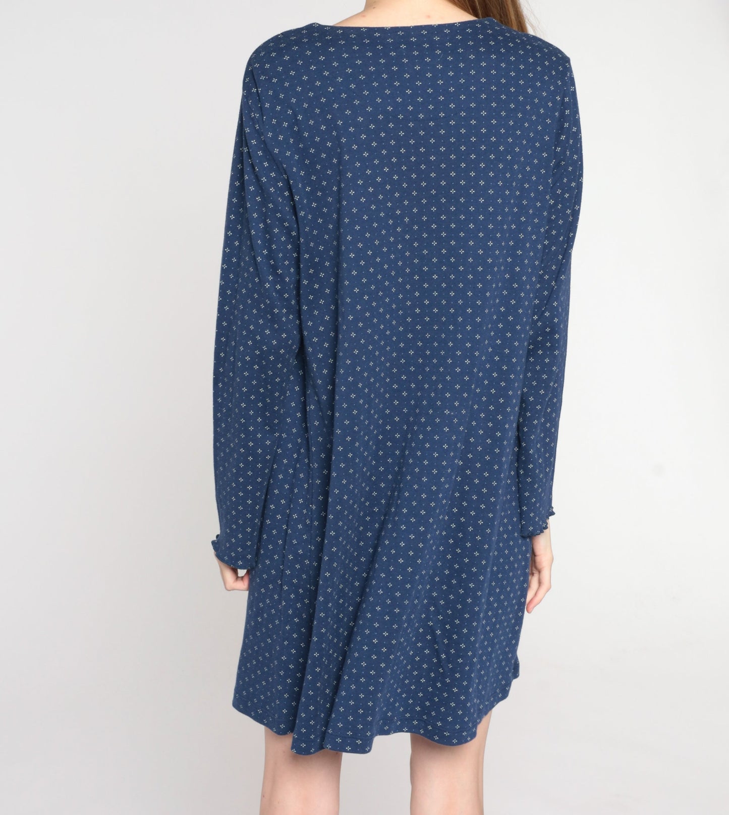 Y2K Navy Calico Floral Pajama Dress Long Sleeve Button-Up Nightgown Large L