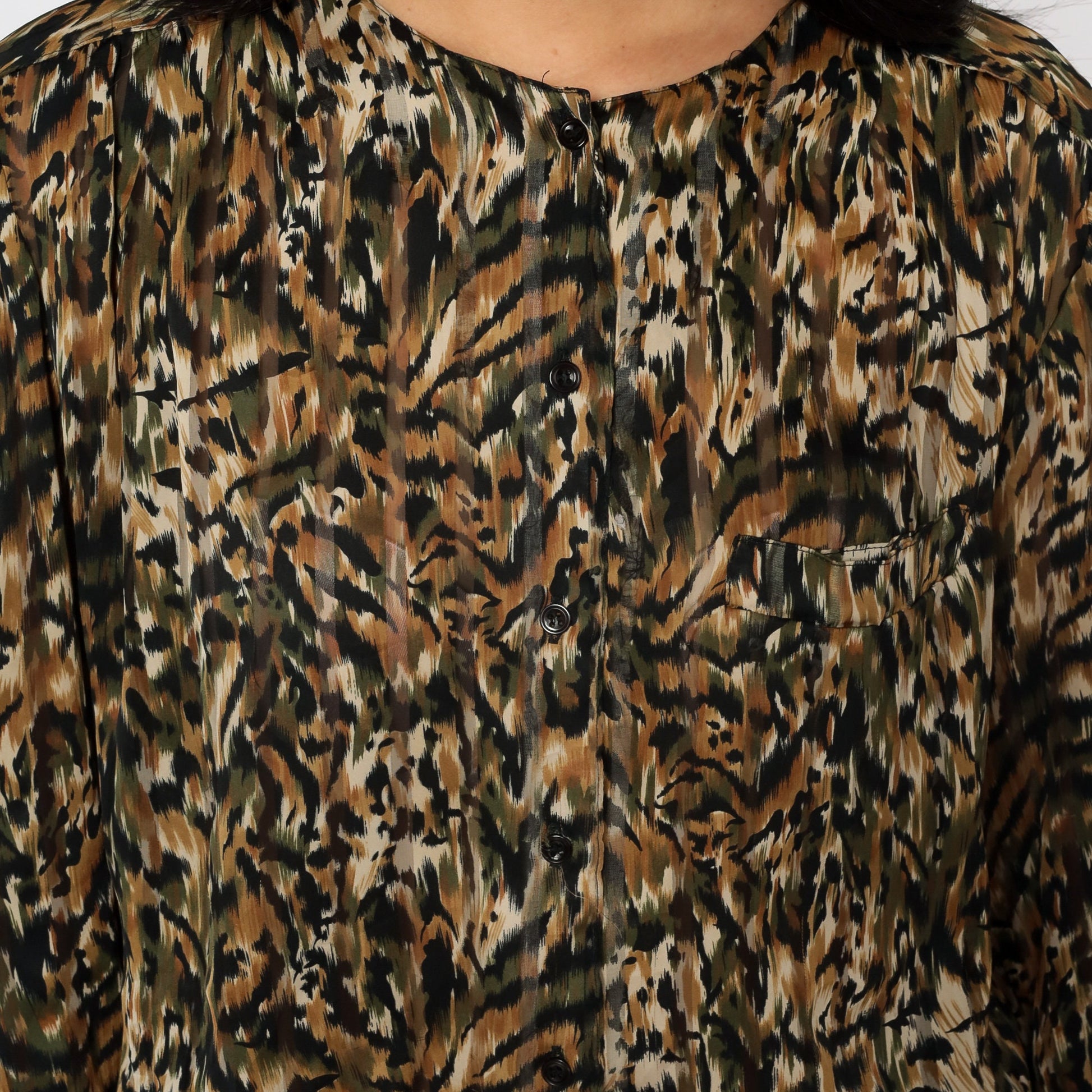 90s Animal Print Button-Up Blouse Tiger Leopard Stripe Long Sleeve Large