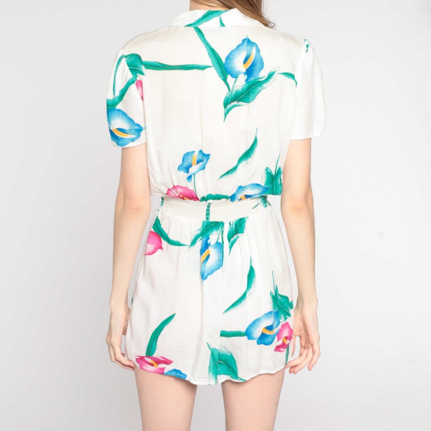 80s Tropical Floral White Romper Playsuit Puff Sleeve High Waist Small S