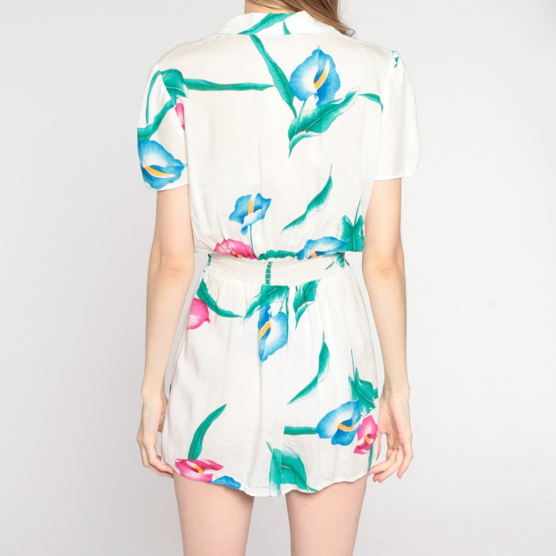 80s Tropical Floral White Romper Playsuit Puff Sleeve High Waist Small S