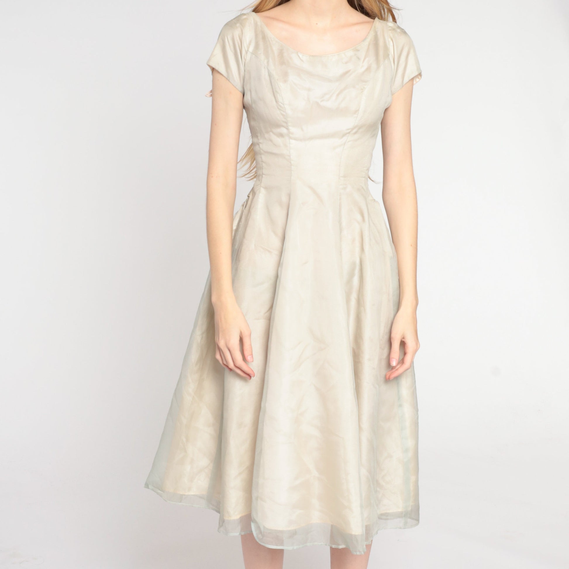 1950s Taupe Organza Midi Dress Cap Sleeve High Waist Full Skirt Extra Small