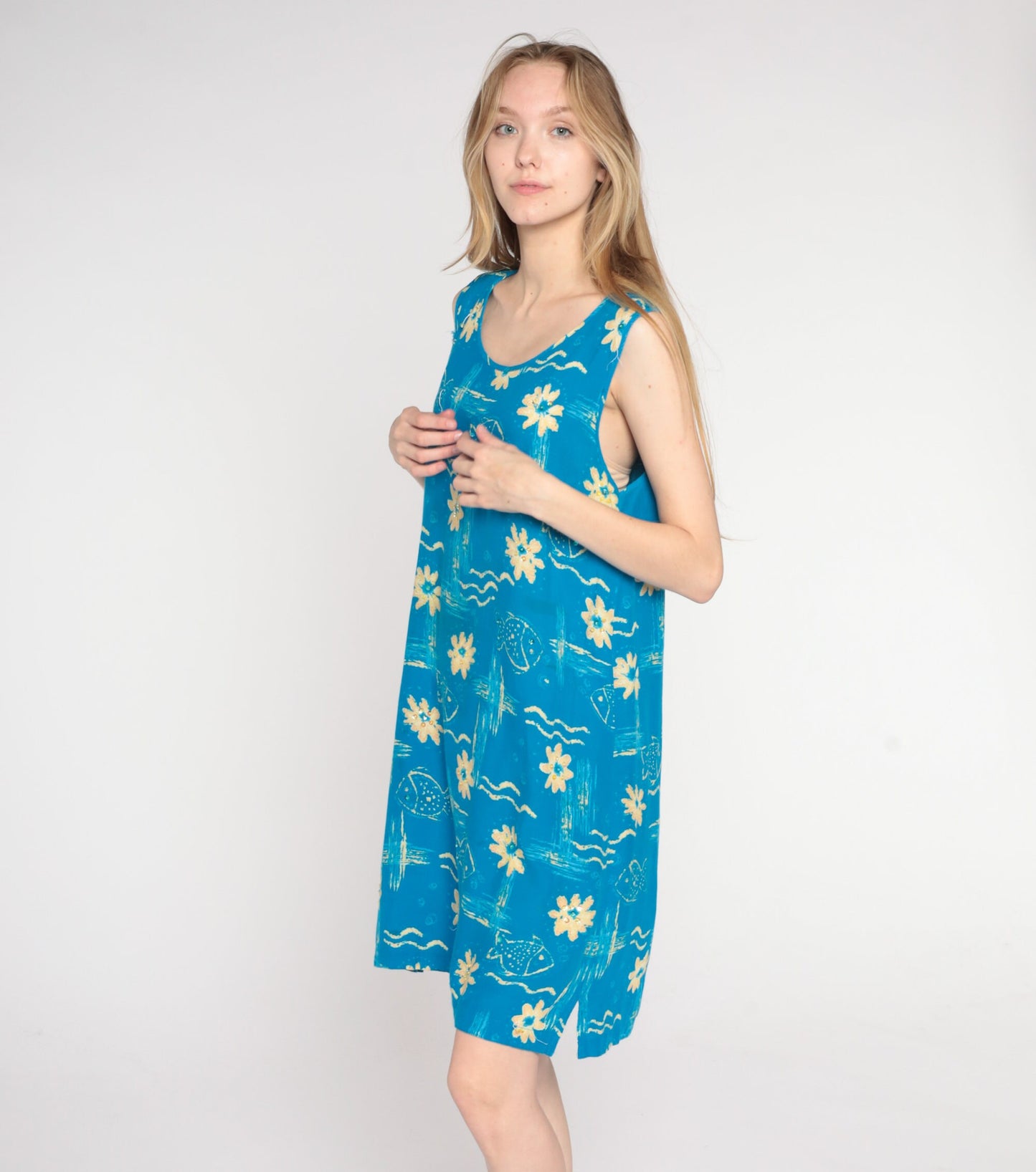 90s Blue Tropical Fish Floral Mini Dress Sleeveless Shift Medium