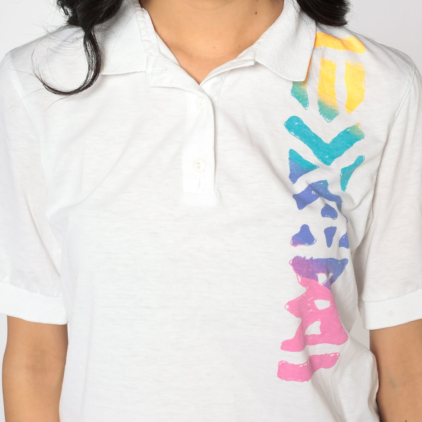 80s White Neon Geometric Polo Shirt Half Button Collared Small