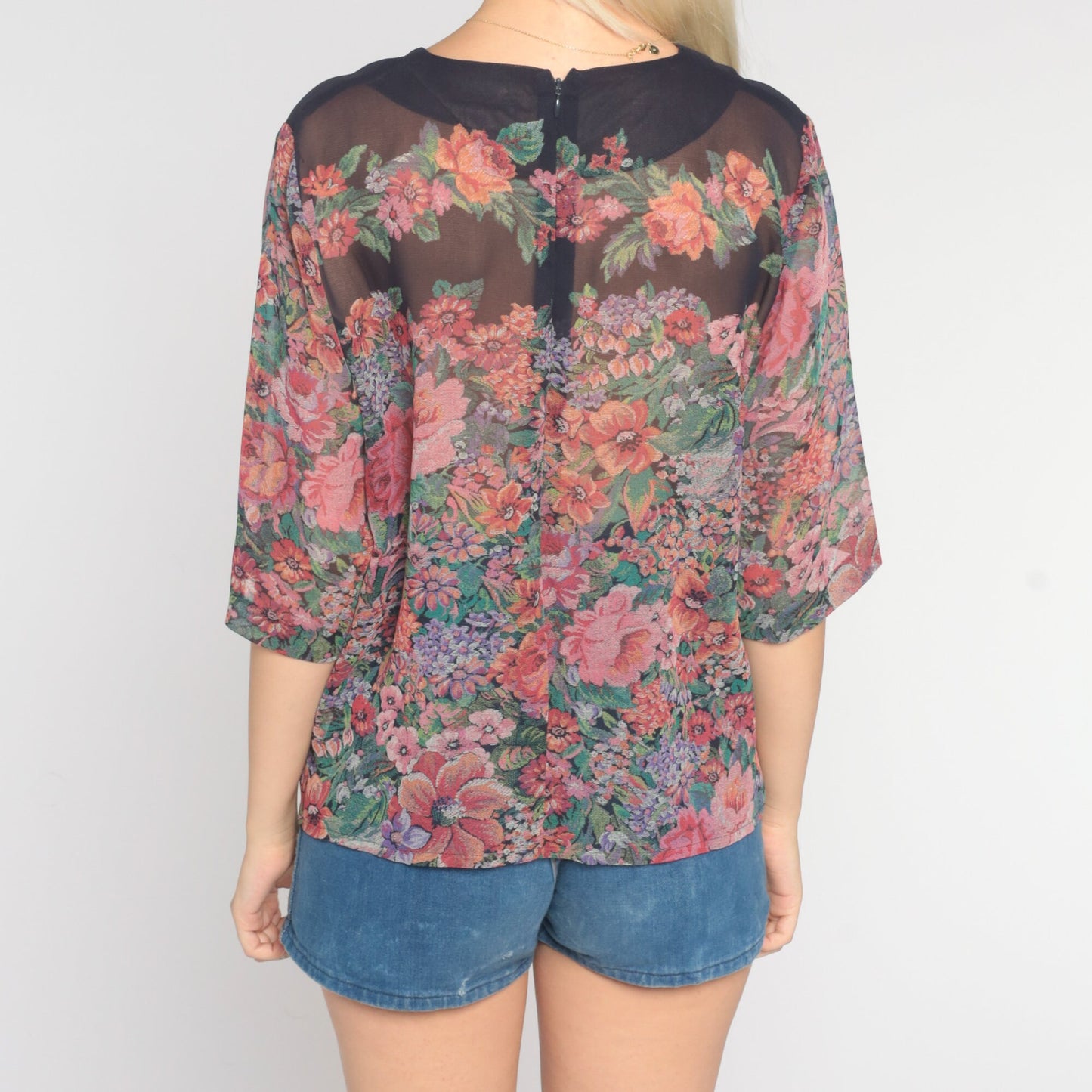 90s Sheer Floral Blouse Black Botanical Print 3/4 Sleeve Medium Large