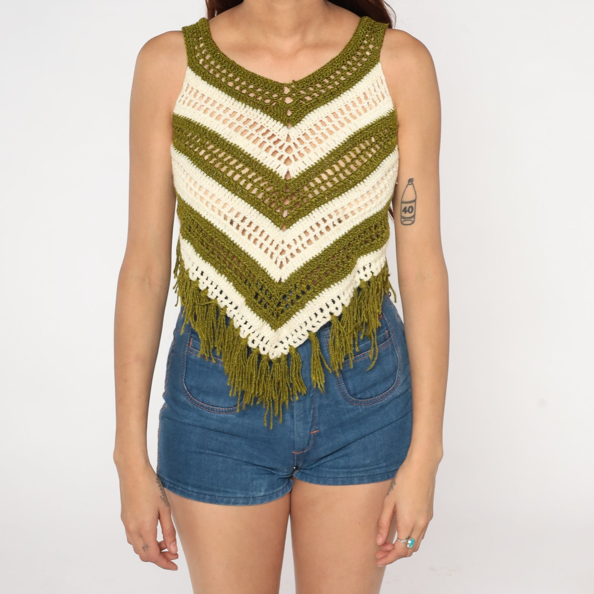 70s Striped Knit Tank Top Green Cream Fringe Sleeveless XXS