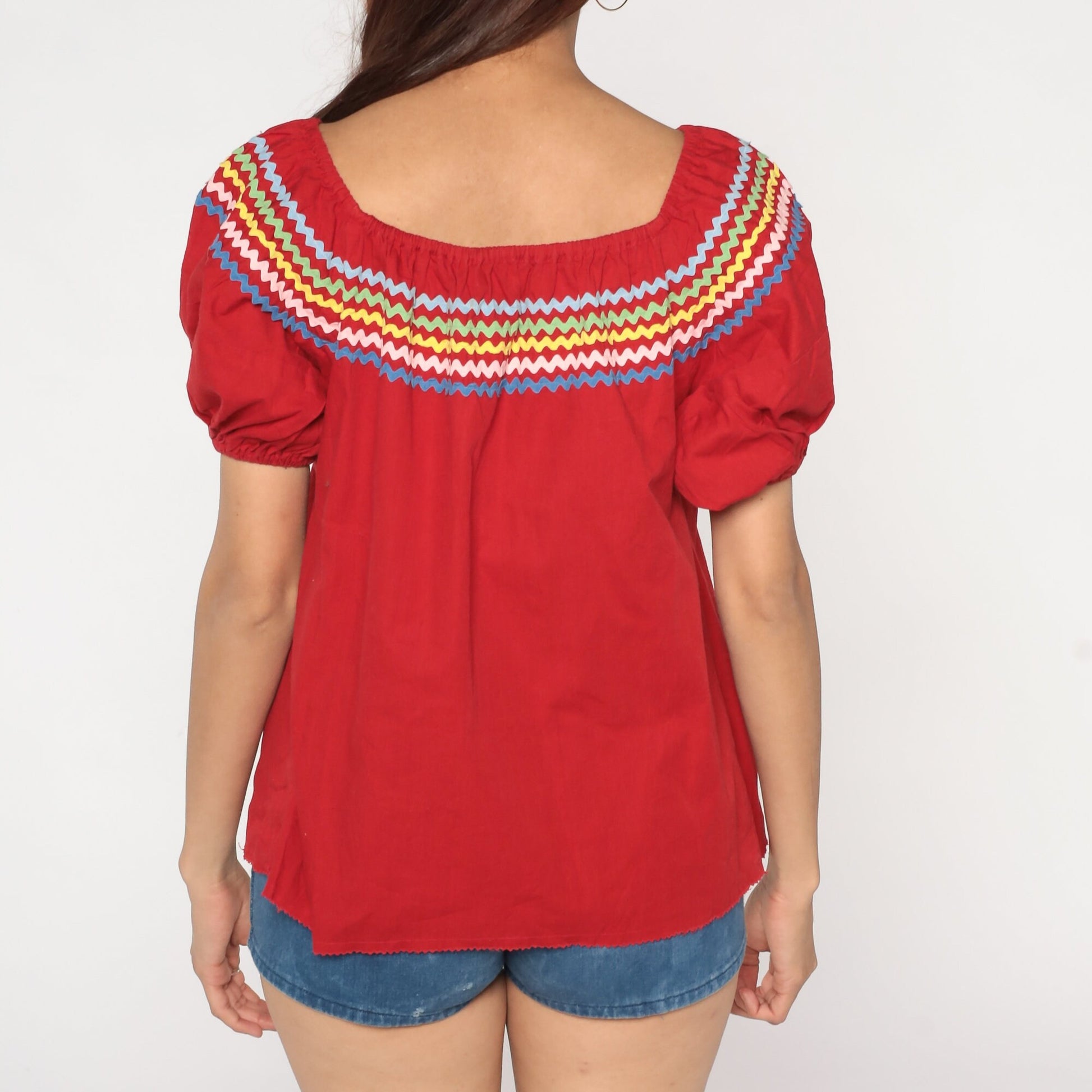 90s Red Peasant Blouse Puff Sleeve Ric-Rac Trim Cotton Top Medium Large