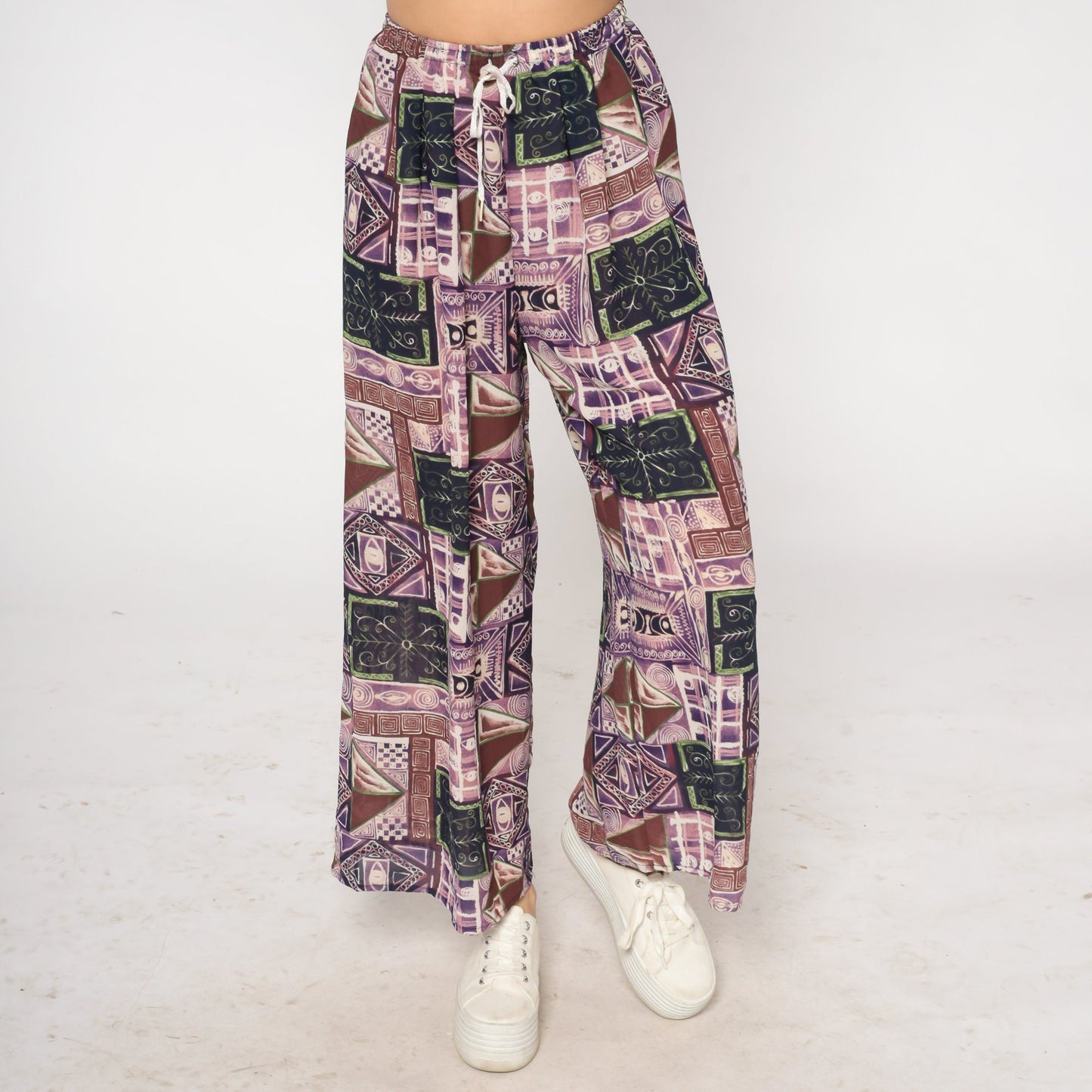 90s Patchwork Abstract Print Wide Leg Pants Purple Drawstring Waist Small