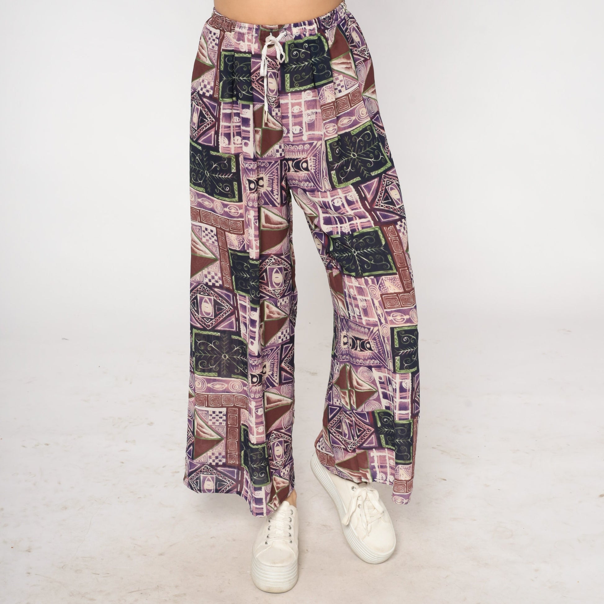 90s Patchwork Abstract Print Wide Leg Pants Purple Drawstring Waist Small