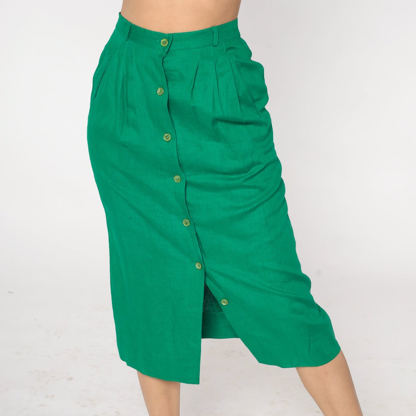 80s Green Linen Midi Skirt High Waist Button Front Pencil Small Medium