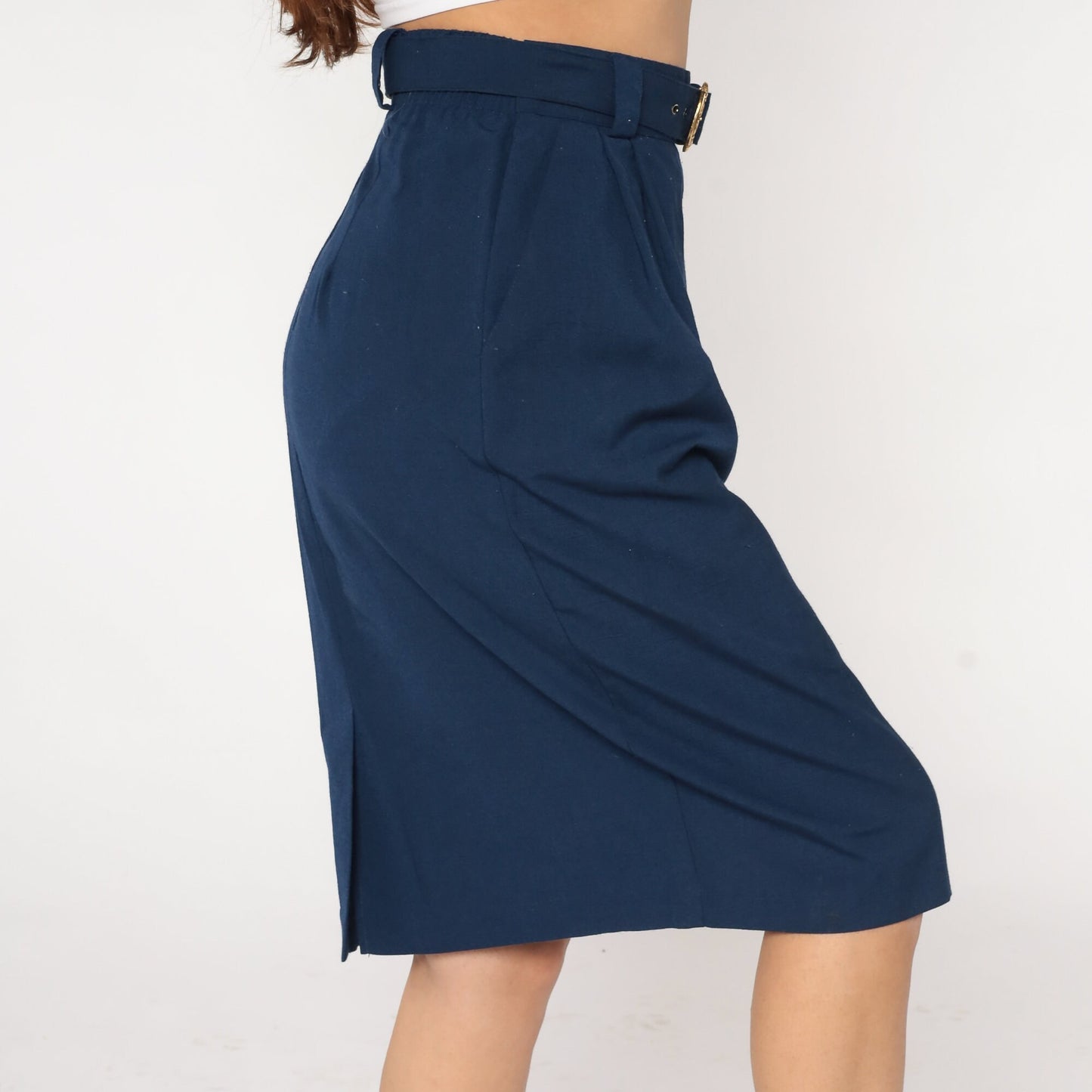 80s Navy Pencil Skirt High Waisted Knee Length Belted Small