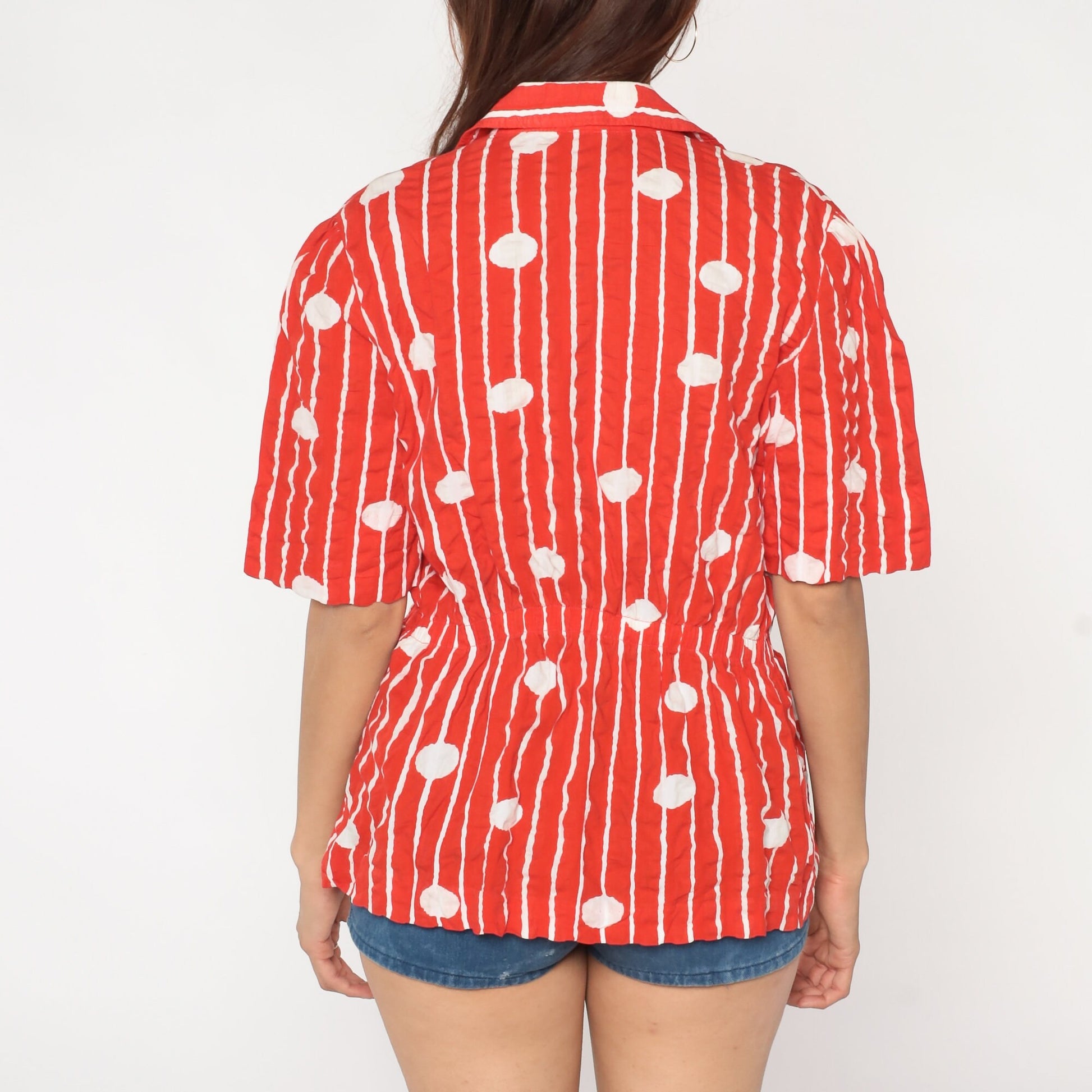 80s Red Striped Polka Dot Cotton Button-Up Blouse Short Sleeve Notched Collar Large L