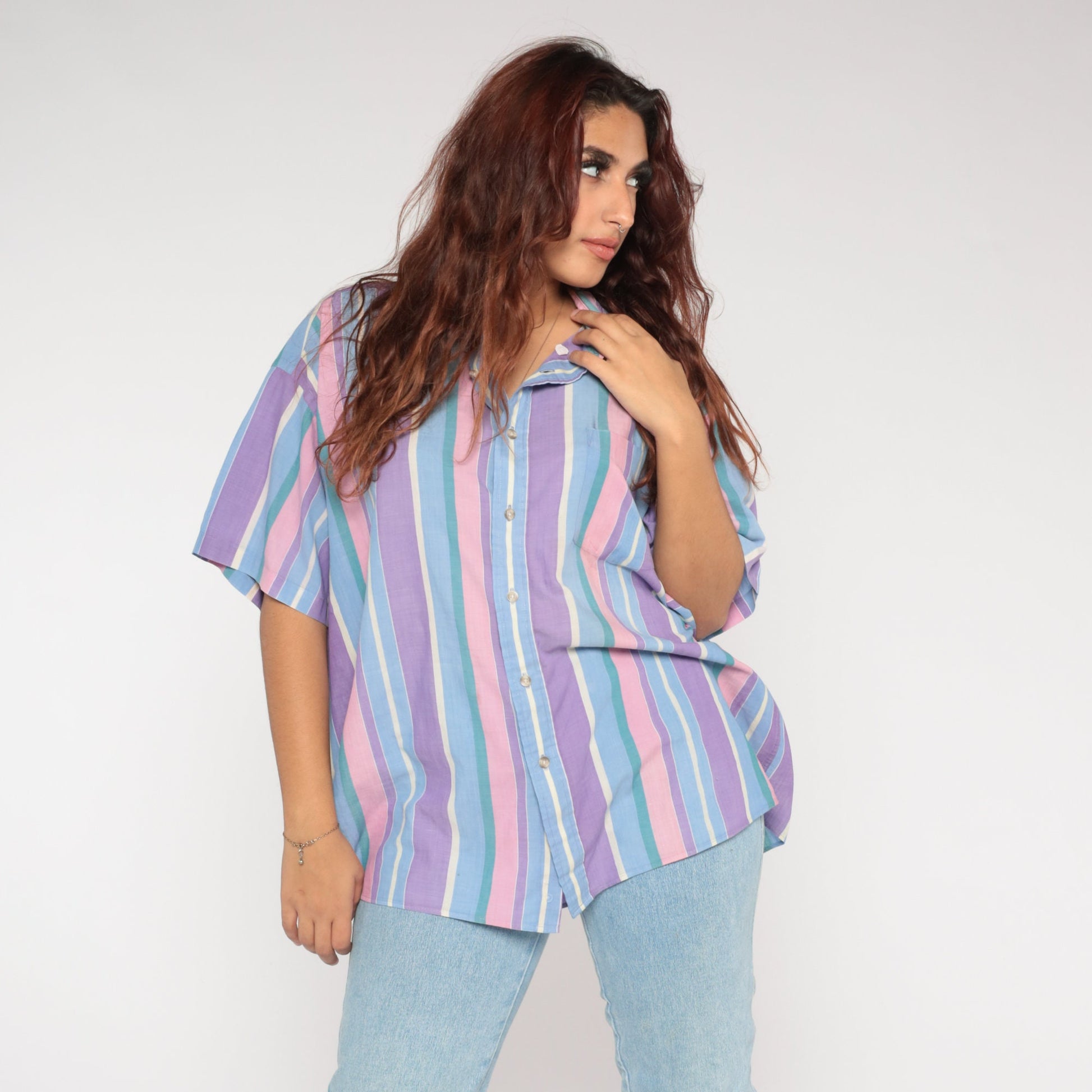 90s Striped Button-Up Shirt Pink Purple Green Short Sleeve Collar XXL