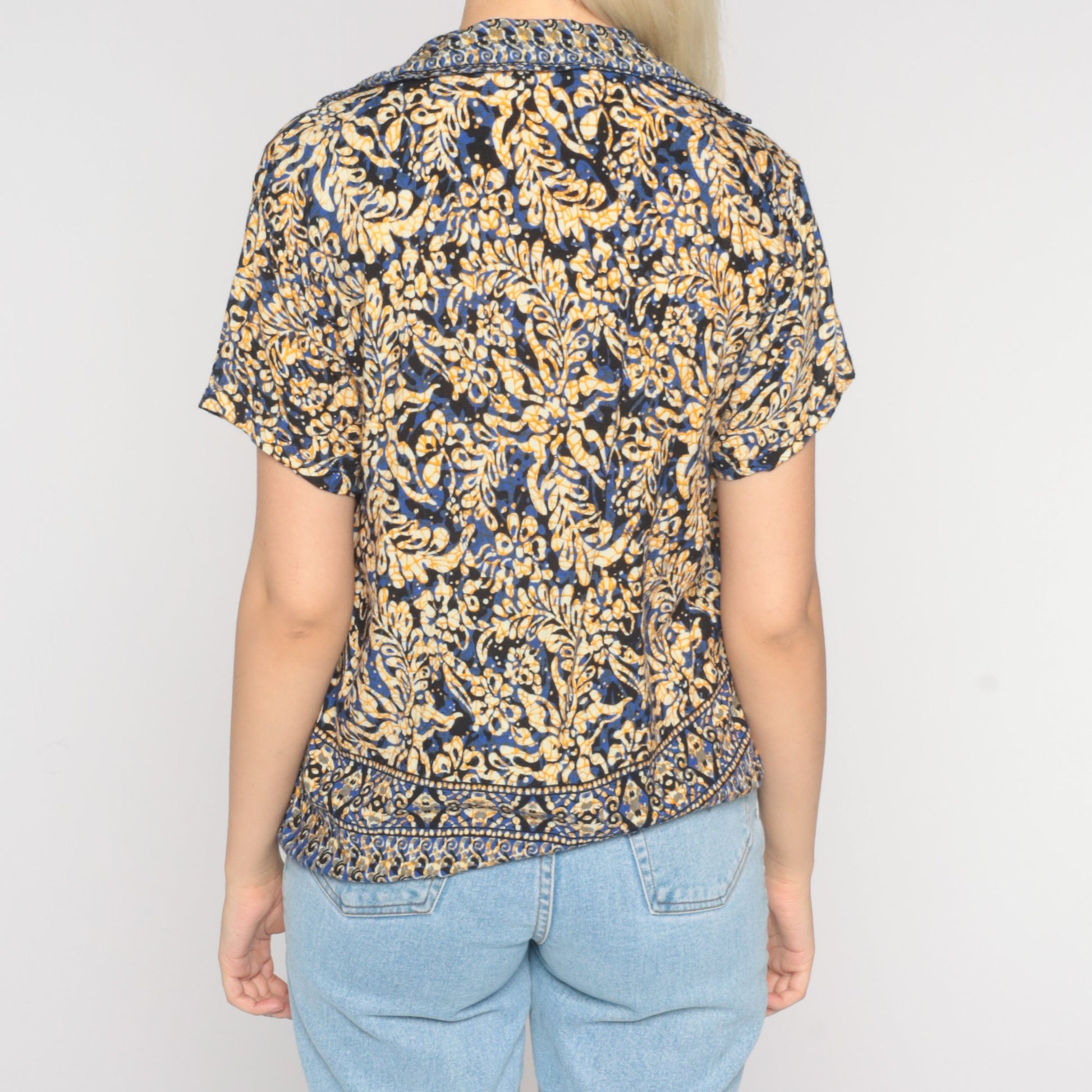 90s Batik Floral Button-Up Blouse Blue Yellow Short Sleeve Small