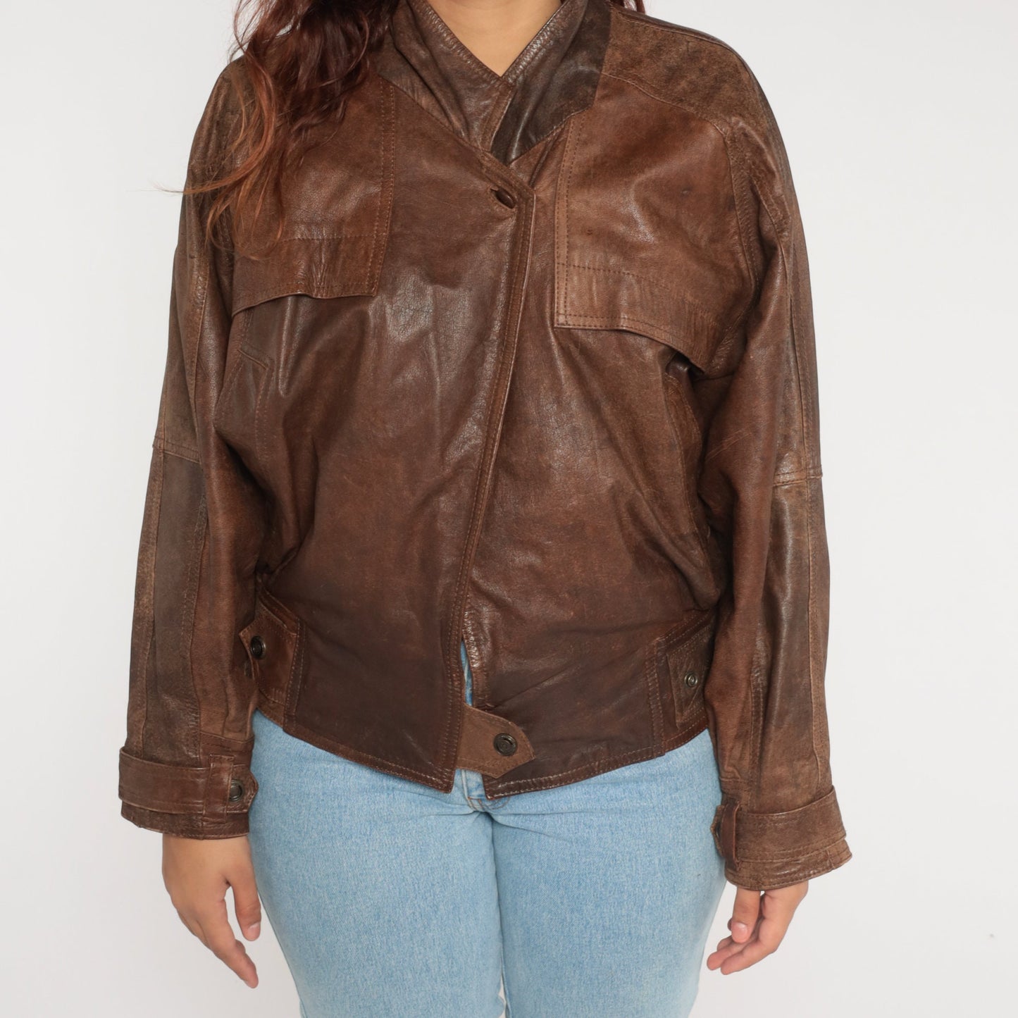 90s Brown Leather Snap Jacket Motorcycle Biker Coat Mens Medium M