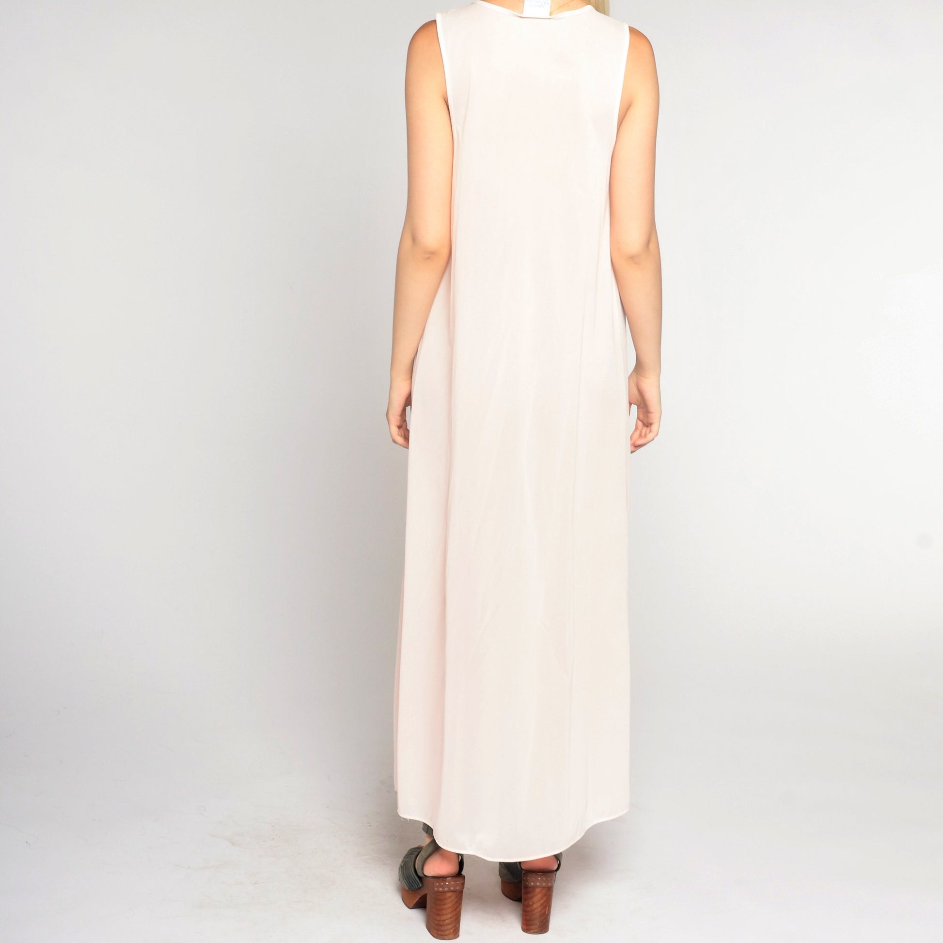 90s Light Pink Nylon Maxi Nightgown Lace Bib Sleeveless Small