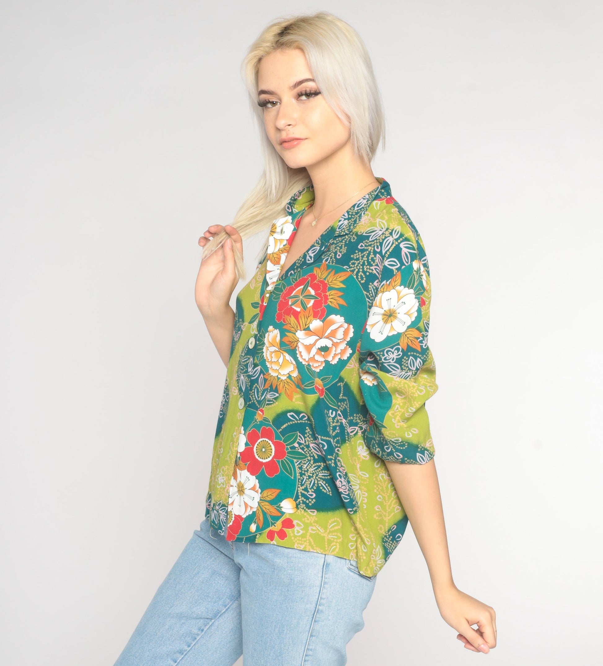 90s Floral Button-Up Blouse Blue Green Rayon 3/4 Sleeve Medium M