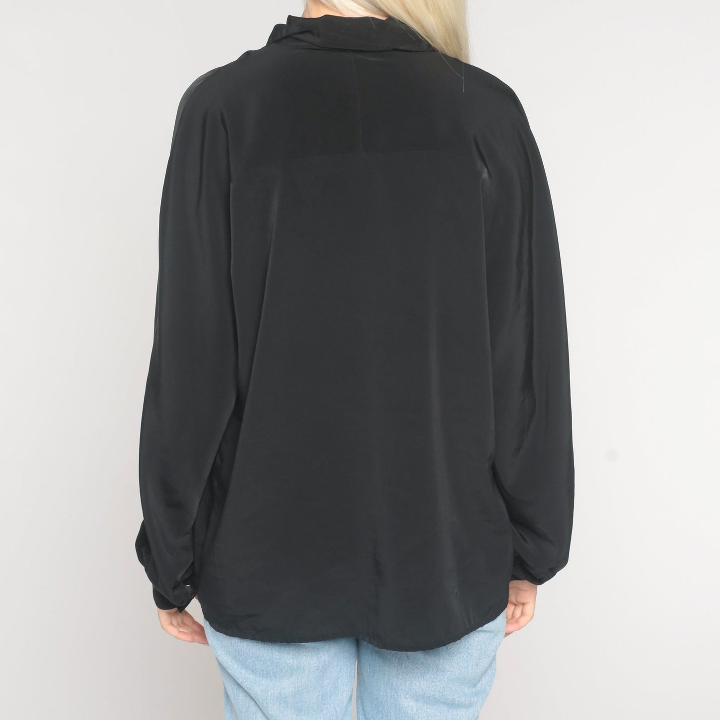 90s Black Button-Up Blouse Long Sleeve Hidden Buttons Large 12