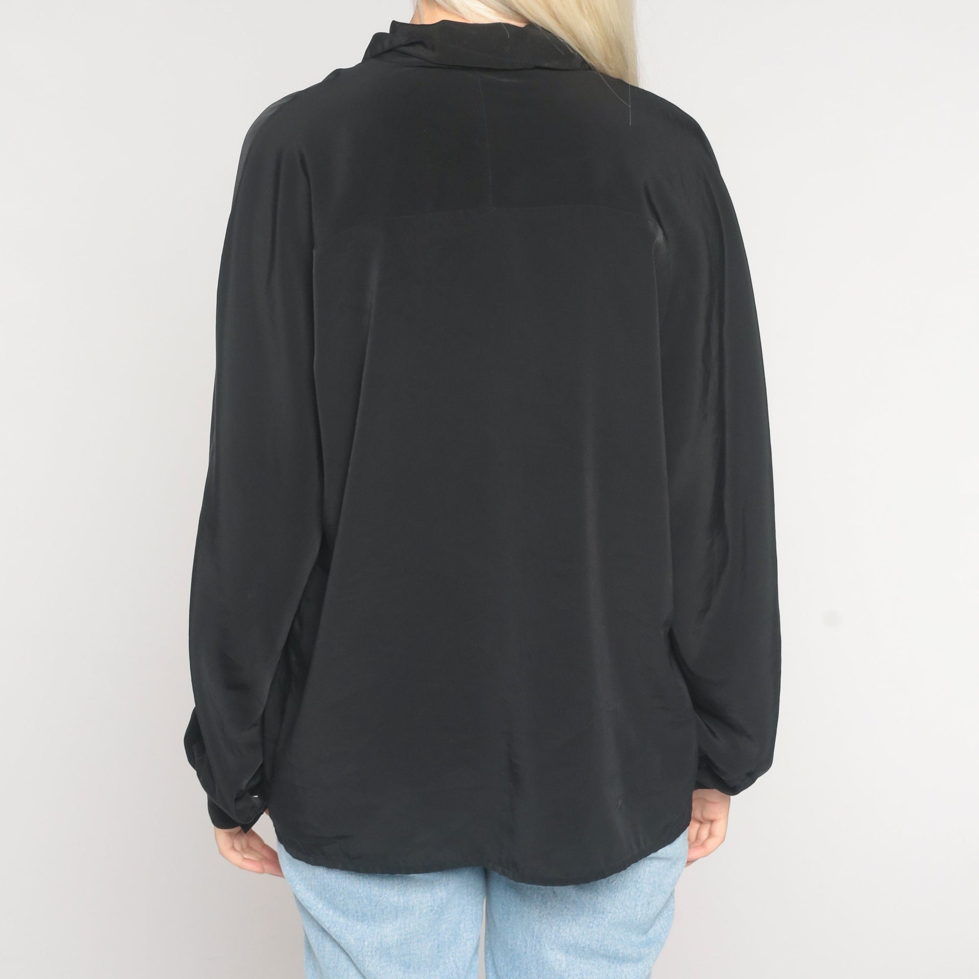 90s Black Button-Up Blouse Long Sleeve Hidden Buttons Large 12