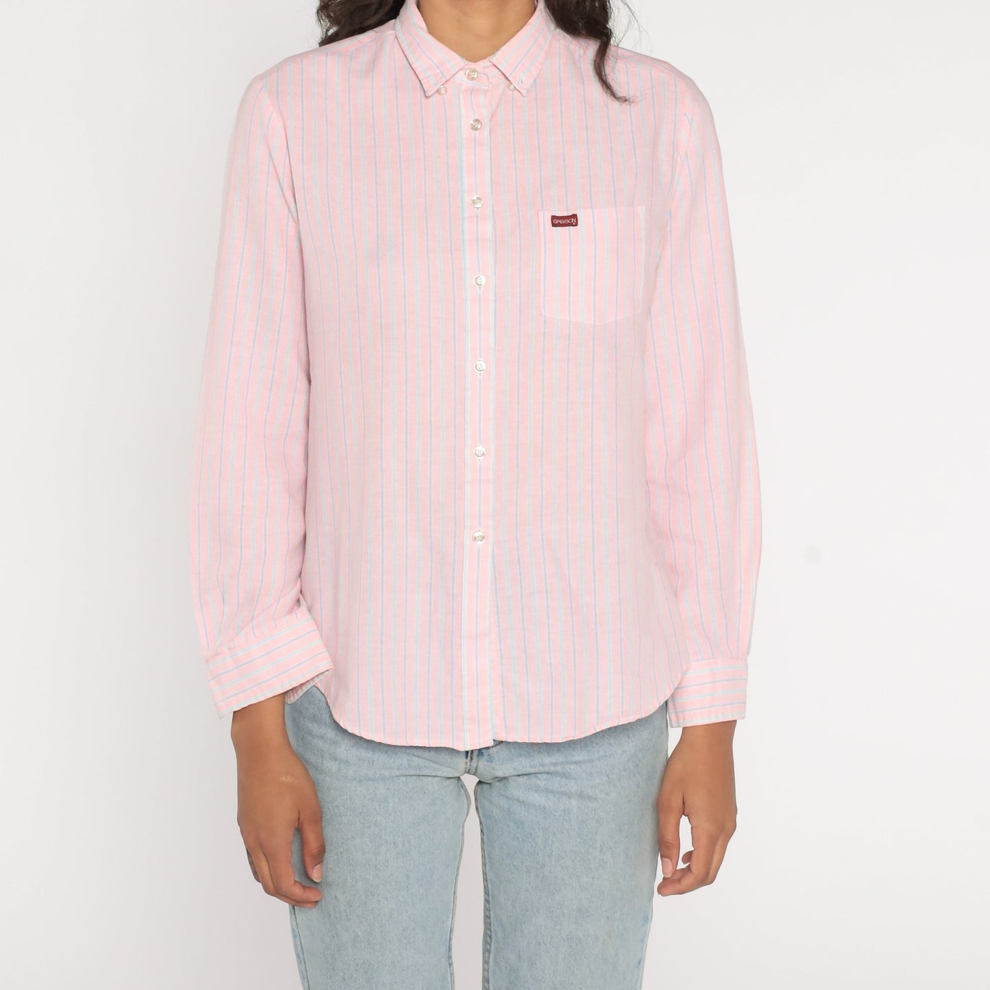 90s Sasson Striped Button-Up Blouse Pink Blue Long Sleeve Extra Large
