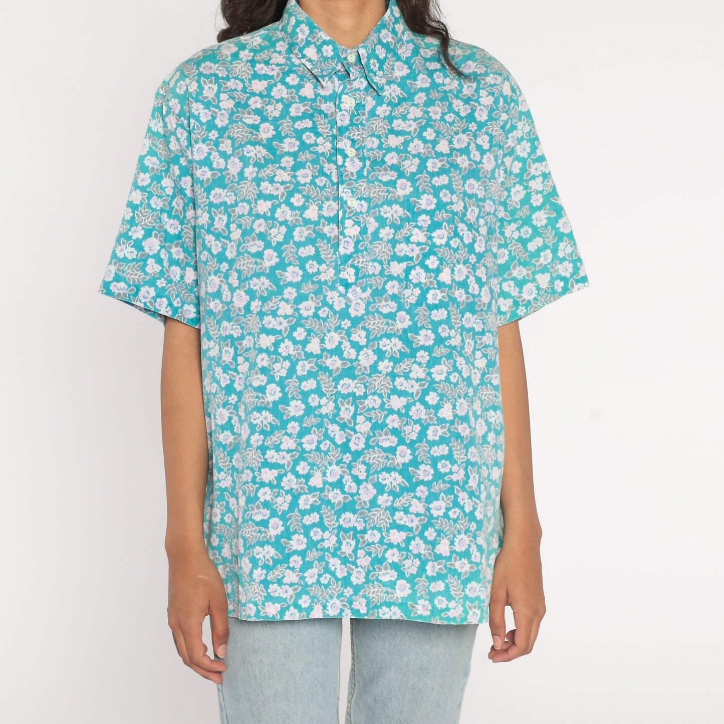 90s Blue Floral Half-Button Shirt Short Sleeve Collared Cotton Blend Large