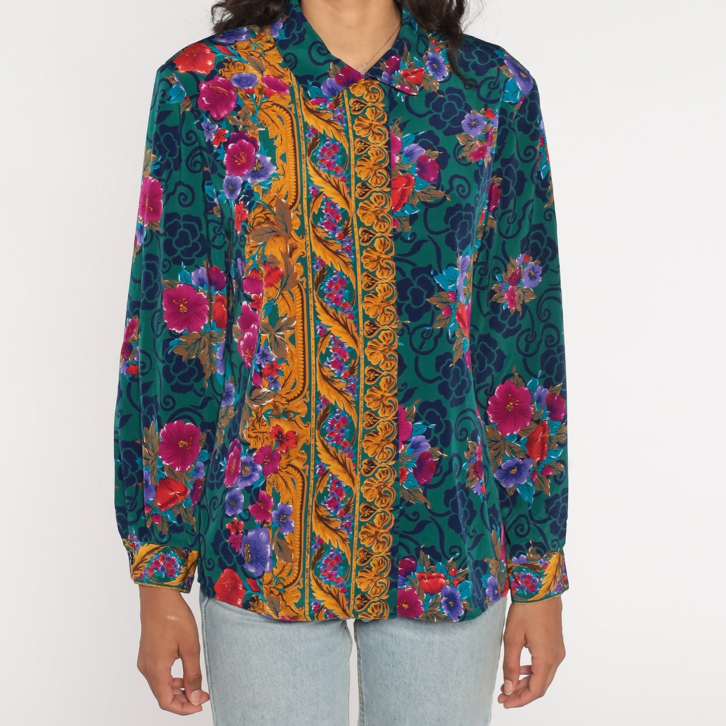 90s Baroque Floral Green Button-Up Blouse Long Sleeve Medium M